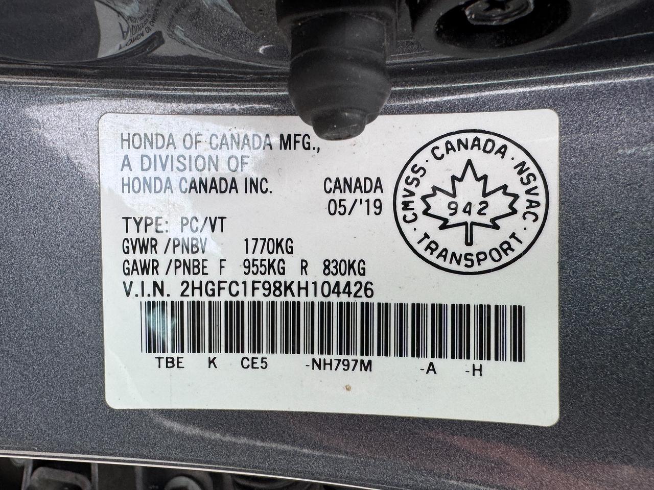 2019 Honda Civic Touring+Roof+Leather+Remote Start+Adaptive Cruise Photo