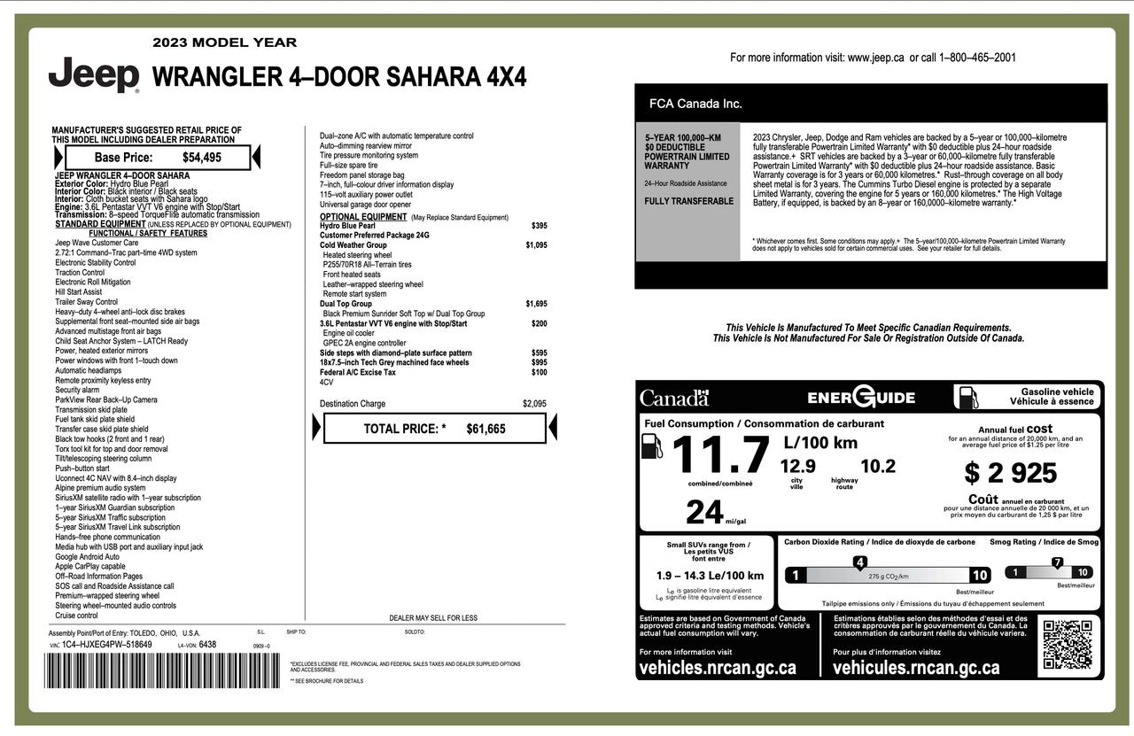 2023 Jeep Wrangler Sahara 24G SAHARA|DUAL TOP|NAV|COLD WTHR PK|NO ACCIDENT| Photo3