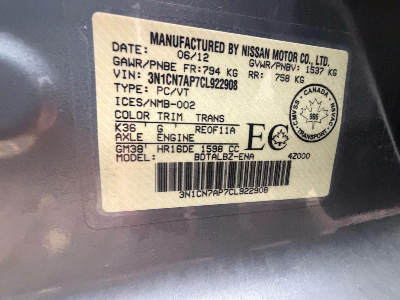 2012 Nissan Versa SV ! auto   116374 kms !! car fax cln ! certified Photo
