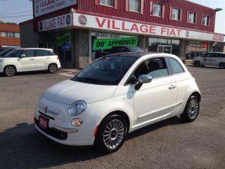 2012 Fiat 500 Lounge ***FWD***1.4 L 4 CYLINDER ENGINE***6-SPEED AUTOMATIC***KEYLESS ENTRY***50/50-SPLIT/FOLDING REAR SEATS***AUTOMATIC CLIMATE CONTROL with FILTRATION***POWER WINDOWS & LOCKS***HEATED MIRRORS***HEIGHT-ADJUSTABLE DRIVERS SEAT***MOONROOF***AM/FM/CD/MP3 BOSE AUDIO***SIRIUS SATELLITE RADIO***AUXILIARY INPUT***STEERING WHEEL MOUNTED CONTROLS***TRIP COMPUTER***FRONT FOG LIGHTS***CRUISE CONTROLHeres a great deal on a 2012 FIAT 500! This is a superior vehicle at an affordable price! This 2 door, 4 passenger hatchback still has fewer than 70,000 kilometers! The following features are included: a trip computer, front fog lights, and cruise control. Smooth gearshifts are achieved thanks to the efficient 4 cylinder engine, and for added security, dynamic Stability Control supplements the drivetrain. We know that you have high expectations, and we enjoy the challenge of meeting and exceeding them! Please dont hesitate to give us a call.