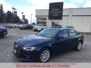 <div style=text-align: justify;><span style=font-size:14px;><span style=font-family:times new roman,times,serif;>This 2014 Audi A4 has a CLEAN CARFAX with no accidents and is also a Canadian (Ontario) lease return vehicle with Audi Gabriel St-Laurent service records. High-value options included with this vehicle are; tan leather / heated / power seats, sunroof, multifunction steering wheel, 17” alloy rims and fog lights, offering immense value.</span></span></div><div style=text-align: justify;><span style=font-size:14px;><span style=font-family:times new roman,times,serif;> <br /><strong>A used set of tires is also available for purchase, please ask your sales representative for pricing.</strong><br /> <br />Why buy from us?<br /> <br />Most Wanted Cars is a place where customers send their family and friends. MWC offers the best financing options in Kitchener-Waterloo and the surrounding areas. Family-owned and operated, MWC has served customers since 1975 and is also DealerRater’s 2022 Provincial Winner for Used Car Dealers. MWC is also honoured to have an A+ standing on Better Business Bureau and a 4.8/5 customer satisfaction rating across all online platforms with over 1400 reviews. With two locations to serve you better, our inventory consists of over 150 used cars, trucks, vans, and SUVs.<br /> <br />Our main office is located at 1620 King Street East, Kitchener, Ontario. Please call us at 519-772-3040 or visit our website at www.mostwantedcars.ca to check out our full inventory list and complete an easy online finance application to get exclusive online preferred rates.<br /> <br />*Price listed is available to finance purchases only on approved credit. The price of the vehicle may differ from other forms of payment. Taxes and licensing are excluded from the price shown above*</span></span></div>