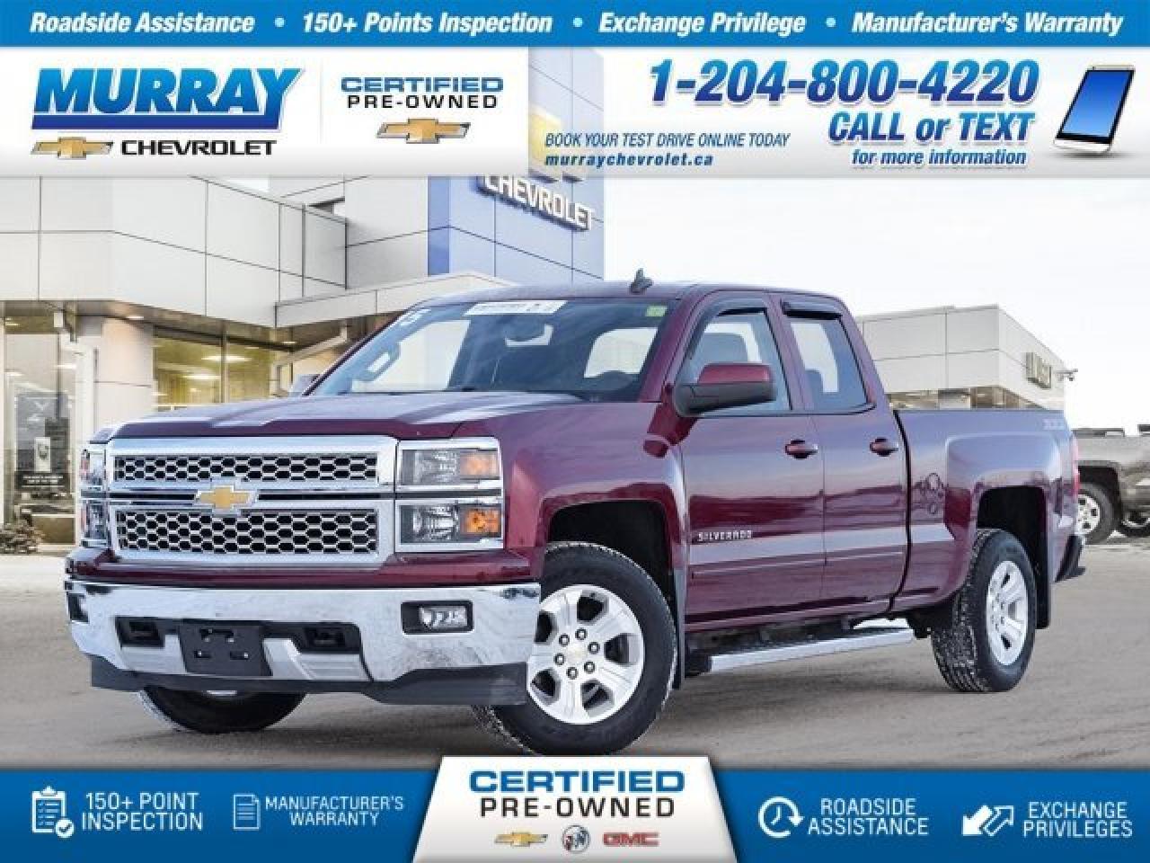 Mighty and majestic, our 2015 Chevrolet Silverado 1500 LT Double Cab 4X4 with Navigation on display in Deep Ruby Metallic works as hard as you do to get the job done right. Powered by a world-class 5.3 Litre EcoTec3 V8 that offers 355hp while perfectly matched with a smooth shifting 6 Speed Automatic transmission. This Four Wheel Drive eases you down the road in comfort while scoring approximately 10.2L/100km thanks in part to Active Fuel Management, and has all the muscle you need for work or play. A boxed frame, running boards, tonneau cover, larger axles, a bed liner, and a Trailering Package allow this brute to take on anything your lifestyle demands. Picture how capable youll be behind the wheel of our Silverado 1500!     Experience a quiet ride in this LT Double Cab thanks to inlaid doors and a swept-back windshield. Keyless entry, incredibly comfortable and durable cloth seats, heated front seats, a driver information center, and cruise control make your daily drive more enjoyable. With practical MyLink audio that features a colour display, Navigation, Bluetooth, AM/FM radio, USB ports, and available OnStar with Connections and Directions, youll enjoy working confidently and comfortably in our Silverado.     Not only does this no-nonsense truck from Chevrolet fulfill your needs for work and play, it also keeps you secure with a backup camera, StabiliTrak, 4-wheel ABS, daytime running lamps, and plenty of airbags. Conquer every job with the proven reliability, performance, and comfort that only come from this Chevrolet Silverado LT. Print this page and call us Now... We Know You Will Enjoy Your Test Drive Towards Ownership! View a CarFax Vehicle Report instantly at MurrayChevrolet.ca. : Questions? Call or text us at 204-800-4220 or call us toll-free at 1-888-381-7025.