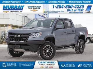 Four Wheel Drive, Crew Cab, Heated Seats, Remote Start, Power Accessories, Rear View Camera     Beautiful in the city, yet trail-ready tough, our 2019 Chevrolet Colorado ZR2 Crew Cab 4X4 is ready to perform in Gray. Powered by an impressive 3.6 Litre V6 that boasts best-in-class 308hp while connected to a responsive 8 Speed Automatic transmission for a fantastic performance you crave. This Four Wheel Drive provides approximately 9.4L/100km on the highway plus its Off-Road mode lets you conquer rough road conditions with ease and offers ultimate confidence. Rugged and refined, our ZR2 features black beltline moldings, a black rear bumper, daytime running lamps, an EZ lift, and lower tailgate, and prominent wheels.      Once inside our ZR2, settle into the heated front seats and enjoy Chevrolet MyLink radio with a touchscreen, available satellite radio capability, USB ports, power accessories, a multi-color driver information display, available WiFi, and even remote vehicle start!     Our Chevrolet Colorado ZR2 takes care of you with advanced safety features as well, so you can take command of your day with peace of mind. Airbags, the Teen Driver mode, a rearview camera, and stability control are just a sampling of safety features working together to keep you out of harms way. Reward yourself with the capability and comfort that can only come from the Chevrolet Colorado! Print this page and call us Now... We Know You Will Enjoy Your Test Drive Towards Ownership! View a CarFax Vehicle Report instantly at MurrayChevrolet.ca. : Questions? Call or text us at 204-800-4220 or call us toll-free at 1-888-381-7025.