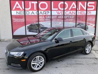 <p>***EASY FINANCE APPROVALS***NO ACCIDENTS***TOP SAFETY PICK***THE 2017 RE-DESIGNED AUDI A4 SETS NEW STANDARDS IN THE ENTRY-LUXURY SPORT SEDAN SEGMANT! LOW KMS-LEATHER-NAVI-AWD-SUNROOF-BACK UP CAM AND MORE! LOVE AT FIRST SIGHT! VEHICLE IS LIKE NEW! QUALITY ALL AROUND VEHICLE. THE 2017 AUDI A4 IS LOADED WITH NEW FEATURES AND STYLING AND AN EMPHASIS ON SIMPLICITY AND FUNCTION LIKE NO OTHER. GREAT FOR SMALL FAMILY OR STUDENT. ABSOLUTELY FLAWLESS, SMOOTH, SPORTY RIDE AND GREAT ON GAS! MECHANICALLY A+ DEPENDABLE, RELIABLE, COMFORTABLE, CLEAN INSIDE AND OUT. POWERFUL YET FUEL EFFICIENT ENGINE. HANDLES VERY WELL WHEN DRIVING.</p><p> </p><p>****Make this yours today BECAUSE YOU DESERVE IT****</p><p> </p><p>WE HAVE SKILLED AND KNOWLEDGEABLE SALES STAFF WITH MANY YEARS OF EXPERIENCE SATISFYING ALL OUR CUSTOMERS NEEDS. THEYLL WORK WITH YOU TO FIND THE RIGHT VEHICLE AND AT THE RIGHT PRICE YOU CAN AFFORD. WE GUARANTEE YOU WILL HAVE A PLEASANT SHOPPING EXPERIENCE THAT IS FUN, INFORMATIVE, HASSLE FREE AND NEVER HIGH PRESSURED. PLEASE DONT HESITATE TO GIVE US A CALL OR VISIT OUR INDOOR SHOWROOM TODAY! WERE HERE TO SERVE YOU!!</p><p> </p><p>***Financing***</p><p> </p><p>We offer amazing financing options. Our Financing specialists can get you INSTANTLY approved for a car loan with the interest rates as low as 3.99% and $0 down (O.A.C). Additional financing fees may apply. Auto Financing is our specialty. Our experts are proud to say 100% APPLICATIONS ACCEPTED, FINANCE ANY CAR, ANY CREDIT, EVEN NO CREDIT! Its FREE TO APPLY and Our process is fast & easy. We can often get YOU AN approval and deliver your NEW car the SAME DAY.</p><p> </p><p>***Price***</p><p> </p><p>FRONTIER FINE CARS is known to be one of the most competitive dealerships within the Greater Toronto Area providing high quality vehicles at low price points. Prices are subject to change without notice. All prices are price of the vehicle plus HST, Licensing & Safety Certification. <span style=font-family: Helvetica; font-size: 16px; -webkit-text-stroke-color: #000000; background-color: #ffffff;>DISCLAIMER: This vehicle is not Drivable as it is not Certified. All vehicles we sell are Drivable after certification, which is available for $695 but not manadatory.</span> </p><p> </p><p>***Trade*** Have a trade? Well take it! We offer free appraisals for our valued clients that would like to trade in their old unit in for a new one.</p><p> </p><p>***About us***</p><p> </p><p>Frontier fine cars, offers a huge selection of vehicles in an immaculate INDOOR showroom. Our goal is to provide our customers WITH quality vehicles AT EXCELLENT prices with IMPECCABLE customer service. Not only do we sell vehicles, we always sell peace of mind!</p><p> </p><p>Buy with confidence and call today 416-759-2277 or email us to book a test drive now! frontierfinecars@hotmail.com Located @ 1261 Kennedy Rd Unit a in Scarborough</p><p> </p><p>***NO REASONABLE OFFERS REFUSED***</p><p> </p><p>Thank you for your consideration & we look forward to putting you in your next vehicle! Serving used cars Toronto, Scarborough, Pickering, Ajax, Oshawa, Whitby, Markham, Richmond Hill, Vaughn, Woodbridge, Mississauga, Trenton, Peterborough, Lindsay, Bowmanville, Oakville, Stouffville, Uxbridge, Sudbury, Thunder Bay,Timmins, Sault Ste. Marie, London, Kitchener, Brampton, Cambridge, Georgetown, St Catherines, Bolton, Orangeville, Hamilton, North York, Etobicoke, Kingston, Barrie, North Bay, Huntsville, Orillia</p>