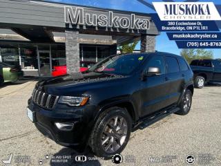 This Jeep Grand Cherokee 80th Anniversary, with a Regular Unleaded V-6 3.6 L/220 engine, features a 8-Speed Automatic w/OD transmission, and generates 25 highway/18 city L/100km. Find this vehicle with only 80129 kilometers!  Jeep Grand Cherokee 80th Anniversary Options: This Jeep Grand Cherokee 80th Anniversary offers a multitude of options. Technology options include: 2 LCD Monitors In The Front, 8.4 Touchscreen Display, AM/FM/HD/Satellite w/Seek-Scan, Clock, Speed Compensated Volume Control, Aux Audio Input Jack, Steering Wheel Controls, Voice Activation, Radio Data System and Uconnect External Memory Control, GPS Antenna Input, GPS Navigation.  Safety options include Speed Sensitive Variable Intermittent Wipers, Tailgate/Rear Door Lock Included w/Power Door Locks, 2 LCD Monitors In The Front, Power Door Locks w/Autolock Feature, Airbag Occupancy Sensor.  Visit Us: Find this Jeep Grand Cherokee 80th Anniversary at Muskoka Chrysler today. We are conveniently located at 380 Ecclestone Dr Bracebridge ON P1L1R1. Muskoka Chrysler has been serving our local community for over 40 years. We take pride in giving back to the community while providing the best customer service. We appreciate each and opportunity we have to serve you, not as a customer but as a friend