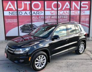 <p>***EASY FINANCE APPROVALS***NO ACCIDENTS***LEATHER***SUNROOF***BLUETOOTH***BACK UP CAM***HEATED SEATS***AND MUCH MUCH MORE!!!!  YOULL LOVE THE OVERALL BUILD AND QUALITY AS WELL AS THE COMFORT AND CLEAN STYLING. WHAT MORE CAN YOU SAY ABOUT THE 2014 VOLKSWAGEN TIGUAN, ITS A SOLIDLY BUILT VEHICLE AND FULL OF FEATURES, INCLUDING 4 MOTION ALL WHEEL DRIVE. ITS FUN TO DRIVE AND COMFORTABLE ON LONG TRIPS. OVERALL, THIS IS A GREAT VEHICLE IN THE SMALL SUV CLASS AND EASILY TRUPMS OTHERS IN THE SAME CATEGORY.  THIS AFFORDABLE 5-SEAT , 5-DOOR PEOPLE HAULER IS A VEHICLE YOU CAN DEPEND ON!  THERES SO MUCH TO LOVE ABOUT THIS VEHICLE! PLENTY OF ATTENTION PAID TO THE FINEST DETAILS INSIDE AND OUT. A TRUE WORK OF ART! FLAWLESS, IMMACULATE, MECHANICALLY A+ DEPENDABLE, RELIABLE, COMFORTABLE, CLEAN INSIDE AND OUT. ATTRACTIVE AND SPORTY LOOKING. A MUST SEE! COME IN FOR A TEST DRIVE AND FALL IN LOVE TODAY!<br /><br /><br />****Make this yours today BECAUSE YOU DESERVE IT**** <br /><br /><br /><br />WE HAVE SKILLED AND KNOWLEDGEABLE SALES STAFF WITH MANY YEARS OF EXPERIENCE SATISFYING ALL OUR CUSTOMERS NEEDS. THEYLL WORK WITH YOU TO FIND THE RIGHT VEHICLE AND AT THE RIGHT PRICE YOU CAN AFFORD. WE GUARANTEE YOU WILL HAVE A PLEASANT SHOPPING EXPERIENCE THAT IS FUN, INFORMATIVE, HASSLE FREE AND NEVER HIGH PRESSURED. PLEASE DONT HESITATE TO GIVE US A CALL OR VISIT OUR INDOOR SHOWROOM TODAY! WERE HERE TO SERVE YOU!! <br /><br /><br /><br />***Financing*** <br /><br />We offer amazing financing options. Our Financing specialists can get you INSTANTLY approved for a car loan with the interest rates as low as 3.99% and $0 down (O.A.C). Additional financing fees may apply. Auto Financing is our specialty. Our experts are proud to say 100% APPLICATIONS ACCEPTED, FINANCE ANY CAR, ANY CREDIT, EVEN NO CREDIT! Its FREE TO APPLY and Our process is fast & easy. We can often get YOU AN approval and deliver your NEW car the SAME DAY. <br /><br /><br />***Price*** <br /><br />FRONTIER FINE CARS is known to be one of the most competitive dealerships within the Greater Toronto Area providing high quality vehicles at low price points. Prices are subject to change without notice. All prices are price of the vehicle plus HST, Licensing & Safety Certification. <span style=font-family: Helvetica; font-size: 16px; -webkit-text-stroke-color: #000000; background-color: #ffffff;>DISCLAIMER: This vehicle is not Drivable as it is not Certified. All vehicles we sell are Drivable after certification, which is available for $695 but not manadatory.</span> <br /><br />***Trade***<br /><br />Have a trade? Well take it! We offer free appraisals for our valued clients that would like to trade in their old unit in for a new one. <br /><br /><br />***About us*** <br /><br />Frontier fine cars, offers a huge selection of vehicles in an immaculate INDOOR showroom. Our goal is to provide our customers WITH quality vehicles AT EXCELLENT prices with IMPECCABLE customer service. <br /><br /><br />Not only do we sell vehicles, we always sell peace of mind! <br /><br /><br />Buy with confidence and call today 1-877-437-6074 or email us to book a test drive now! frontierfinecars@hotmail.com <br /><br /><br />Located @ 1261 Kennedy Rd Unit a in Scarborough <br /><br /><br />***NO REASONABLE OFFERS REFUSED*** <br /><br /><br />Thank you for your consideration & we look forward to putting you in your next vehicle! </p><p> </p><p><br />Serving used cars Toronto, Scarborough, Pickering, Ajax, Oshawa, Whitby, Markham, Richmond Hill, Vaughn, Woodbridge, Mississauga, Trenton, Peterborough, Lindsay, Bowmanville, Oakville, Stouffville, Uxbridge, Sudbury, Thunder Bay,Timmins, Sault Ste. Marie, London, Kitchener, Brampton, Cambridge, Georgetown, St Catherines, Bolton, Orangeville, Hamilton, North York, Etobicoke, Kingston, Barrie, North Bay, Huntsville, Orillia</p>