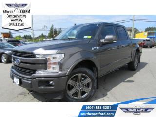<b>One Owner, Low Mileage, Leather Seats, Sunroof, FX4 Off-Road Package, 502A Luxury Equipment Group, 20 inch Aluminum Wheels!</b><br> <br> <p style=color:Blue;><b>Upgrade your ride at South Coast Ford with peace of mind! Our used vehicles come with a minimum of 10,000 km and 6 months of Comprehensive Vehicle Warranty. Drive with confidence knowing your investment is protected.</b></p><br> <br> Compare at $59995 - Our Price is just $54887! <br> <br>   The Ford F-Series is the best-selling vehicle in Canada for a reason. Its simply the most trusted pickup for getting the job done. This  2020 Ford F-150 is for sale today in Sechelt. <br> <br>The perfect truck for work or play, this versatile Ford F-150 gives you the power you need, the features you want, and the style you crave! With high-strength, military-grade aluminum construction, this F-150 cuts the weight without sacrificing toughness. The interior design is first class, with simple to read text, easy to push buttons and plenty of outward visibility.This low mileage  Crew Cab 4X4 pickup  has just 40,421 kms. Its  magnetic grey in colour  . It has a 10 speed automatic transmission and is powered by a  395HP 5.0L 8 Cylinder Engine.  It may have some remaining factory warranty, please check with dealer for details. <br> <br> Our F-150s trim level is Lariat. This luxurious Ford F-150 Lariat comes loaded with premium features such as leather heated and cooled seats, body coloured exterior accents, a proximity key with push button start, dynamic hitch assist and Ford Co-Pilot360 that features pre-collision assist, automatic emergency braking and rear parking sensors. Enhanced features also includes unique aluminum wheels, SYNC 3 with enhanced voice recognition featuring Apple CarPlay and Android Auto, FordPass Connect 4G LTE, power adjustable pedals, a powerful audio system with SiriusXM radio, cargo box lights, a smart device remote engine start, dual zone climate control and a handy rear view camera to help when backing out of tight spaces. This vehicle has been upgraded with the following features: Leather Seats, Sunroof, Fx4 Off-road Package, 502a Luxury Equipment Group, 20 Inch Aluminum Wheels, Power Running Boards, Adaptive Cruise Control. <br> To view the original window sticker for this vehicle view this <a href=http://www.windowsticker.forddirect.com/windowsticker.pdf?vin=1FTEW1E50LFB40288 target=_blank>http://www.windowsticker.forddirect.com/windowsticker.pdf?vin=1FTEW1E50LFB40288</a>. <br/><br> <br>To apply right now for financing use this link : <a href=https://www.southcoastford.com/financing/ target=_blank>https://www.southcoastford.com/financing/</a><br><br> <br/><br> Buy this vehicle now for the lowest bi-weekly payment of <b>$374.50</b> with $0 down for 96 months @ 8.99% APR O.A.C. ( Plus applicable taxes -  $595 Administration Fee included    / Total Obligation of $77896  ).  See dealer for details. <br> <br>Call South Coast Ford Sales or come visit us in person. Were convenient to Sechelt, BC and located at 5606 Wharf Avenue. and look forward to helping you with your automotive needs.<br><br> Come by and check out our fleet of 20+ used cars and trucks and 110+ new cars and trucks for sale in Sechelt.  o~o