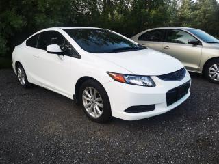 <p>2012 Honda Civic Coupe<br />Impeccably clean, Inside and Out<br /><br />Only 52,000 kms !!!!!<br /><br />Automatic<br />AC<br />Sunroof<br />Bluetooth<br />USB & Aux<br />Cruise control<br />Steering wheel controls<br />Alloy wheels<br /><br />Price includes Safety and 6 Months Warranty<br /><br />$9,800 + HST<br /><br />Financing available<br /><br />Quebec and Ontario Safety available<br /><br />Carfax report provided<br /><br />Autoland</p>