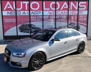 <p>***EASY FINANCE APPROVALS***TOP SAFETY PICK***RUFFIN0 RIMS($5000 VALUE)LEATHER***BLUETOOTH***NAVI***AWD ***SUNROOF***BACK UP CAM AND MORE! LOVE AT FIRST SIGHT! VEHICLE IS LIKE NEW! QUALITY ALL AROUND VEHICLE. THE 2015 AUDI A4 IS LOADED WITH FEATURES AND STYLING AND AN EMPHASIS ON SIMPLICITY AND FUNCTION LIKE NO OTHER. GREAT FOR SMALL FAMILY OR STUDENT. ABSOLUTELY FLAWLESS, SMOOTH, SPORTY RIDE AND GREAT ON GAS! MECHANICALLY A+ DEPENDABLE, RELIABLE, COMFORTABLE, CLEAN INSIDE AND OUT. POWERFUL YET FUEL EFFICIENT ENGINE. HANDLES VERY WELL WHEN DRIVING.</p><p> </p><p>****Make this yours today BECAUSE YOU DESERVE IT****</p><p> </p><p>WE HAVE SKILLED AND KNOWLEDGEABLE SALES STAFF WITH MANY YEARS OF EXPERIENCE SATISFYING ALL OUR CUSTOMERS NEEDS. THEYLL WORK WITH YOU TO FIND THE RIGHT VEHICLE AND AT THE RIGHT PRICE YOU CAN AFFORD. WE GUARANTEE YOU WILL HAVE A PLEASANT SHOPPING EXPERIENCE THAT IS FUN, INFORMATIVE, HASSLE FREE AND NEVER HIGH PRESSURED. PLEASE DONT HESITATE TO GIVE US A CALL OR VISIT OUR INDOOR SHOWROOM TODAY! WERE HERE TO SERVE YOU!!</p><p> </p><p>***Financing***</p><p> </p><p>We offer amazing financing options. Our Financing specialists can get you INSTANTLY approved for a car loan with the interest rates as low as 3.99% and $0 down (O.A.C). Additional financing fees may apply. Auto Financing is our specialty. Our experts are proud to say 100% APPLICATIONS ACCEPTED, FINANCE ANY CAR, ANY CREDIT, EVEN NO CREDIT! Its FREE TO APPLY and Our process is fast & easy. We can often get YOU AN approval and deliver your NEW car the SAME DAY.</p><p> </p><p>***Price***</p><p> </p><p>FRONTIER FINE CARS is known to be one of the most competitive dealerships within the Greater Toronto Area providing high quality vehicles at low price points. Prices are subject to change without notice. All prices are price of the vehicle plus HST, Licensing & Safety Certification. <span style=font-family: Helvetica; font-size: 16px; -webkit-text-stroke-color: #000000; background-color: #ffffff;>DISCLAIMER: This vehicle is not Drivable as it is not Certified. All vehicles we sell are Drivable after certification, which is available for $695 but not manadatory.</span> </p><p> </p><p>***Trade*** Have a trade? Well take it! We offer free appraisals for our valued clients that would like to trade in their old unit in for a new one.</p><p> </p><p>***About us***</p><p> </p><p>Frontier fine cars, offers a huge selection of vehicles in an immaculate INDOOR showroom. Our goal is to provide our customers WITH quality vehicles AT EXCELLENT prices with IMPECCABLE customer service. Not only do we sell vehicles, we always sell peace of mind!</p><p> </p><p>Buy with confidence and call today 416-759-2277 or email us to book a test drive now! frontierfinecars@hotmail.com Located @ 1261 Kennedy Rd Unit a in Scarborough</p><p> </p><p>***NO REASONABLE OFFERS REFUSED***</p><p> </p><p>Thank you for your consideration & we look forward to putting you in your next vehicle! Serving used cars Toronto, Scarborough, Pickering, Ajax, Oshawa, Whitby, Markham, Richmond Hill, Vaughn, Woodbridge, Mississauga, Trenton, Peterborough, Lindsay, Bowmanville, Oakville, Stouffville, Uxbridge, Sudbury, Thunder Bay,Timmins, Sault Ste. Marie, London, Kitchener, Brampton, Cambridge, Georgetown, St Catherines, Bolton, Orangeville, Hamilton, North York, Etobicoke, Kingston, Barrie, North Bay, Huntsville, Orillia</p>