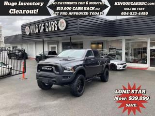 2019 RAM 1500 WARLOCK 4X4 HEMI CREW CAB6 INCH LIFT -- 22 INCH FUEL WHEELS ON 37 INCH TIRES -- FENDER FLARESSUNROOF, BACK UP CAMERA, APPLE CARPLAY, ANDROID AUTO, REMOTE STARTER, POWER SEATS, HEATED SEATS, HEATED STEERING WHEEL, POWER FOLDING MIRRORS, TRAILER BRAKE CONTROL, PARKING SENSORS, DUAL CLIMATE CONTROL, SPORT HOOD AND METAL BUMPER, RUNNING BOARDS, TONNEAU COVERAVAILABLE WARRANTY OPTIONSCALL US TODAY FOR MORE INFORMATION604 533 4499 OR TEXT US AT 604 360 0123GO TO KINGOFCARSBC.COM AND APPLY FOR A FREE-------- PRE APPROVAL -------STOCK # P214998PLUS ADMINISTRATION FEE OF $895 AND TAXESDEALER # 31301all finance options are subject to ....oac...