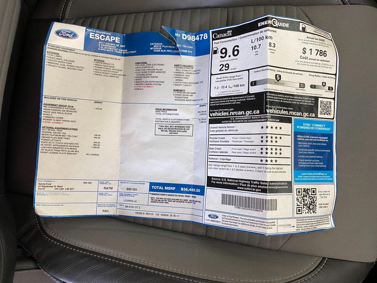 2017 Ford Escape SE 4WD+GPS+ApplePlay+Camera+CLEAN CARFAX Photo100