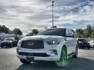 Recent Arrival!2019 INFINITI QX80 Limited AWD 7-Speed Automatic 5.6L V8 with VVEL and DIG White15 Speakers, 3rd row seats: split-bench, A/V remote, Air Conditioning, Alloy wheels, AM/FM radio: SiriusXM, Auto-dimming door mirrors, Automatic temperature control, Brake assist, Bumpers: body-colour, Electronic Stability Control, Entertainment system, Garage door transmitter: HomeLink, Headphones, Heated door mirrors, Heated front seats, Heated rear seats, Heated steering wheel, Illuminated entry, Leather Shift Knob, Leather steering wheel, Memory seat, Navigation system: INFINITI InTouch Navigation, Outside temperature display, Power door mirrors, Power driver seat, Power Liftgate, Power moonroof, Power steering, Power windows, Radio: AM/FM w/Single In-Dash CD/DVD Player, Rear window defroster, Remote keyless entry, Roof rack, Spoiler, Steering wheel memory, Steering wheel mounted audio controls, Turn signal indicator mirrors, Ventilated front seats, Wheels: 22 x 8.0 18-Spoke Forged Aluminum-Alloy.
