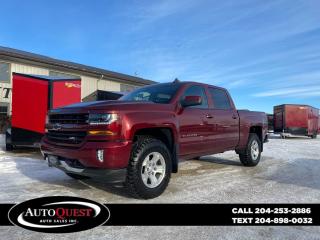 <p>Our Beautiful 2017 Chevrolet Silverado 1500 LT features a 5.3L V8, 4x4, Oversized Tires with a Leveling kit, Z71 off-road Package, Aftermarket Exhaust, Spray in Bedliner, Backup Camera, Fabric Power Heated Seats, Cruise Control, Keyless Entry with Command Start, Power Locks & Windows, Automatic Dual A/C & Heat, Rear Defrost, Satellite XM & AM/FM Radio, CD Player, Bluetooth Audio, AUX & USB Input, Hands Free Calling & Texting, Trailer Brake Controller, Traction Control & Tow Package including a Trailer Hitch Receiver! Safetied & Serviced with 214,988 kms!</p><p>$32,988 plus PST/GST. Dealer #0135. Detailed and reliable CarFax report available.<br><br>QUICK, EASY ONLINE FINANCING AVAILABLE at www.autoquestwinnipeg.com<br><br>NO GIMMICKS OR HIDDEN FEES, JUST GREAT SERVICE AND VALUE!<br><br>WE OFFER A WIDE VARIETY OF EXTENDED WARRANTY PACKAGES TO SUIT YOUR NEEDS & BUDGET!</p><p>***BBB Torch Award Finalist with an A+ Rating***<br><br>View at our convenient location on the south Perimeter Hwy, 205 Melnick Rd.<br><br>Call us today at 204-253-2886! No time to call? Send us a TEXT at 204-898-0032!</p>