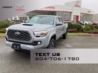*Tacoma 4x4 Double Cab 6A.**Regular Unleaded V-6, 278 hp 6000 rpm, 265 ft-lb 4600 rpm, Power Steering, **Four-Wheel Drive, 6-Speed Automatic, Back-Up Camera, Brake Assist, Blind Spot Monitor, Lane Departure Warning, Lane Keeping Assist, Cross-Traffic Alert, Tire Pressure Monitor, Cruise Control, Adaptive Cruise Control, Daytime Running Lights, Automatic Headlights, Auto-Dimming Rearview Mirror, Steering Wheel-Audio Controls, Navigation System, Smart Device Integration, Apple CarPlay, Android Auto, Bluetooth Connection, Air Conditioning, Climate Control, Multi-Zone Air Conditioning, Heated Front Seat(s), Power Windows, Power Door Locks, Keyless Entry, Keyless Start, Power Driver Seat, Power Mirror(s), Heated Mirrors, Variable Speed Intermittent Wipers, Passenger Capacity 5. Sun/Moon Roof. Security System, Engine Immobilizer, Wheels-Locks. **Why Buy from Langley Toyota *We offer financing for Good Credit, Bad Credit, No Credit! We will find you a vehicle that works for your situation, guaranteed! Call (604) 530-3156 - Book a test drive today! Dealer #9497 * Visit Us Today * Come in for a quick visit at Langley Toyota, 20622 Langley Bypass, Langley, BC V3A 6K8
