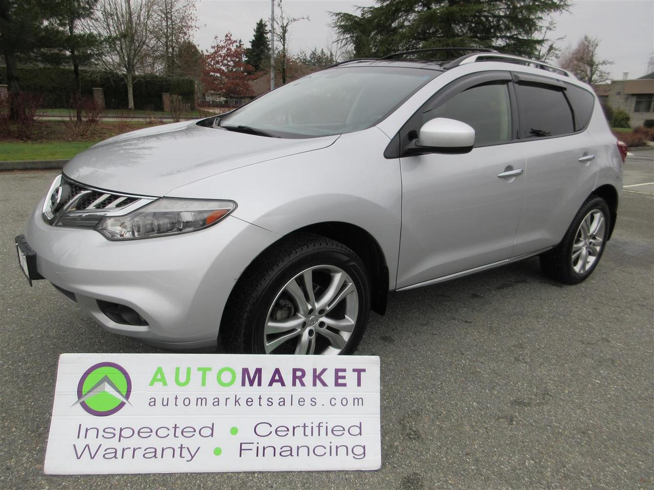 EXTREMELY CLEAN AND BEAUTIFUL. LOCAL SUV & NO ACCIDENT CLAIMS. LOADED UP WITH OPTIONS, FULLY INSPECTED, FREE WARRANTY, GREAT FINANCING AND FREE BCAA MEMBERSHIP!<br /><br />Welcome to the Automarket, your SUV dealership of "YES". We have a spectacularly beautiful Murano with tons of options like Heated Leather, Panoramic Moonroof, Navigation, Power Tail Gate, Heated Steering Wheel and all of the Power Options. Having been fully inspected, we know that the oil is new, the brakes are 90 New in Front and 70% New in the Rear while the tires still have 65% life remaining. We have also completely detailed the vehicle for your safety and enjoyment.<br /><br /><strong>2 LOCATIONS TO SERVE YOU, BE SURE TO CALL FIRST TO CONFIRM WHERE THE VEHICLE IS PARKED</strong><br /><strong>WHITE ROCK 604-542-4970 LANGLEY 604-533-1310 OWNER&rsquo;S CELL 604-649-0565</strong><br />&nbsp;<br /><strong>&nbsp;We are a family owned and operated business since 1983 and we are committed to offering outstanding vehicles backed by exceptional customer service, now and in the future.</strong><br /><strong>&nbsp;What ever your specific needs may be, we will custom tailor your purchase exactly how you want or need it to be. All you have to do is give us a call and we will happily walk you through all the steps with no stress and no pressure.</strong><br /><strong>&ldquo;WE ARE THE HOUSE OF YES&rdquo;</strong><br /><strong>ADDITIONAL BENFITS WHEN BUYING FROM SK AUTOMARKET:</strong><br /><strong>ON SITE FINANCING THROUGH OUR 17 AFFILIATED BANKS AND VEHICLE FINANCE COMPANIES</strong><br /><strong>IN HOUSE LEASE TO OWN PROGRAM.</strong><br /><strong>EVRY VEHICLE HAS UNDERGONE A 120 POINT COMPREHENSIVE INSPECTION</strong><br /><strong>EVERY PURCHASE INCLUDES A FREE POWERTRAIN WARRANTY</strong><br /><strong>EVERY VEHICLE INCLUDES A CARFAX AND ICBC DAMAGE REPORT</strong><br /><strong>EVERY VEHICLE IS GUARANTEED LIEN FREE</strong><br /><strong>DISCOUNTED RATES ON PARTS AND SERVICE FOR YOUR NEW CAR AND ANY OTHER FAMILY CARS THAT NEED WORK NOW AND IN THE FUTURE.</strong><br /><strong>36 YEARS IN THE VEHICLE SALES INDUSTRY</strong><br /><strong>A+++ MEMBER OF THE BETTER BUSINESS BUREAU</strong><br /><strong>RATED TOP DEALER BY CARGURUS 2 YEARS IN A ROW</strong><br /><strong>MEMBER IN GOOD STANDING WITH THE VEHICLE SALES AUTHORITY OF BRITISH COLUMBIA</strong><br /><strong>MEMBER OF THE AUTOMOTIVE RETAILERS ASSOCIATION</strong><br /><strong>COMMITTED CONTRIBUTER TO OUR LOCAL COMMUNITY AND THE RESIDENTS OF BC</strong><br /><br /> This vehicle has been Fully Inspected, Certified and Qualifies for Our Free Extended Warranty.Don't forget to ask about our Great Finance and Lease Rates. We also have a Options for Buy Here Pay Here and Lease to Own for Good Customers in Bad Situations. 2 locations to help you, White Rock and Langley. Be sure to call before you come to confirm the vehicles location and availability or look us up at www.automarketsales.com. White Rock 604-542-4970 and Langley 604-533-1310. Serving Surrey, Delta, Langley, Richmond, Vancouver, all of BC and western Canada. Financing & leasing available. CALL SK AUTOMARKET LTD. 6045424970. Call us toll-free at 1 877 813-6807. $999 Documentation fee (negotiable) and applicable taxes are in addition to advertised prices. LANGLEY LOCATION DEALER# 40038 S. SURREY LOCATION DEALER #9987<br />