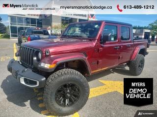 <b>One of a kind! MOPAR LIFT AND EXHAUST!! WITH CUSTOM RIMS AND TIRES!<br> <br></b><br>  <br> <br>Call 613-489-1212 to speak to our friendly sales staff today, or come by the dealership!<br> <br>HUGE Discounts on this Jeep Gladiator. Customized to be One of a Kind. Get Fantastic Financing with No Money Down. Contact us before its gone.   <br><br>Complete with a cargo bed and removable panels for an open air experience, you can have your Jeep and haul with it, too. <br> <br>Built with unmistakable Jeep styling and off-road capability, while bringing the utility and hauling power of a pickup truck, you get the best of both worlds with this incredible machine. Thanks to its unmistakable style, rugged off-road technology, and an exhilarating open air truck experience, this unique Jeep Gladiator is ready to change the 4X4 game. <br> <br> This velvet red Regular Cab 4X4 pickup   has an automatic transmission and is powered by a  285HP 3.6L V6 Cylinder Engine.<br> <br> Our Gladiators trim level is Sport S. This Sport S takes infotainment just as seriously as the trail with Apple CarPlay, Android Auto, and a wi-fi hotspot offered on the Uconnect system. This truck is exactly what you want from an off-roading machine with skid plates, tow hooks, a sport bar, Dana axles, and a shift-on-the-fly transfer case while aluminum wheels make sure you do it in style. A rearview camera and fog lamps help you stay safe.<br> This vehicle has been upgraded with the following features: Android Auto,  Apple Carplay,  Wi-fi,  Uconnect,  Skid Plates,  Tow Hooks,  Aluminum Wheels.  This is a demonstrator vehicle driven by a member of our staff and has just 9563 kms.<br><br> View the original window sticker for this vehicle with this url <b><a href=http://www.chrysler.com/hostd/windowsticker/getWindowStickerPdf.do?vin=1C6JJTAG9NL105888 target=_blank>http://www.chrysler.com/hostd/windowsticker/getWindowStickerPdf.do?vin=1C6JJTAG9NL105888</a></b>.<br> <br>To apply right now for financing use this link : <a href=https://CreditOnline.dealertrack.ca/Web/Default.aspx?Token=3206df1a-492e-4453-9f18-918b5245c510&Lang=en target=_blank>https://CreditOnline.dealertrack.ca/Web/Default.aspx?Token=3206df1a-492e-4453-9f18-918b5245c510&Lang=en</a><br><br> <br/> Weve discounted this vehicle $10499. Total  cash rebate of $7213 is reflected in the price.   6.49% financing for 96 months. <br> Buy this vehicle now for the lowest weekly payment of <b>$175.20</b> with $0 down for 96 months @ 6.49% APR O.A.C. ( Plus applicable taxes -  $1199  fees included in price    ).  Incentives expire 2024-07-02.  See dealer for details. <br> <br>If youre looking for a Dodge, Ram, Jeep, and Chrysler dealership in Ottawa that always goes above and beyond for you, visit Myers Manotick Dodge today! Were more than just great cars. We provide the kind of world-class Dodge service experience near Kanata that will make you a Myers customer for life. And with fabulous perks like extended service hours, our 30-day tire price guarantee, the Myers No Charge Engine/Transmission for Life program, and complimentary shuttle service, its no wonder were a top choice for drivers everywhere. Get more with Myers!<br> Come by and check out our fleet of 40+ used cars and trucks and 100+ new cars and trucks for sale in Manotick.  o~o