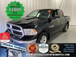 *****PRICE JUST REDUCED and SAVE AN ADDITIONAL $1000 ******See how to qualify for an additional $1000 OFF our posted price with dealer arranged financing OAC.  * ONLY ONE PREVIOUS OWNER  * 4x4, REVERSE CAMERA, HEATED SEATS & STEERING WHEEL, SATELLITE RADIO, BLUETOOTH, HITCH RECEIVER, BED LINER, 6 SEATER  Come & See the STRONG but EFFICIENT 2017 RAM 1500 SLT Crew. Well equipped with options such as 5.7L HEMI V8 Engine, 8 speed automatic transmission, HITCH RECEIVER, 4x4, REVERSE CAMERA, 6 SEATER, SATELLITE RADIO, BLUETOOTH, HEATED SEATS & STEERING WHEEL, BED LINER and more. Call us today.  Auto Gallery of Winnipeg deals with all major banks and credit institutions, to find our clients the best possible interest rate. Free CARFAX Vehicle History Report available on every vehicle! BUY WITH CONFIDENCE, Auto Gallery of Winnipeg is rated A+ by the Better Business Bureau. We are the 13 time winner of the Consumers Choice Award and 12 time winner of the Top Choice Award and DealerRaters Dealer of the year for pre-owned vehicle dealership! We have the largest selection of premium low kilometre vehicles in Manitoba! No payments for 6 months available, OAC. WE APPROVE ALL LEVELS OF CREDIT! Notes: PRE-OWNED VEHICLE. Plus GST & PST. Auto Gallery of Winnipeg. Dealer permit #9470