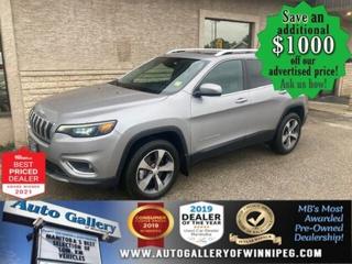 SAVE $1000 ******See how to qualify for an additional $1000 OFF our posted price with dealer arranged financing OAC.  * CLEAN CARFAX, ONLY ONE PREVIOUS OWNER, ONLY 34,468 km  * AWD, REMOTE STARTER, HEATED SEATS & STEERING WHEEL, REVERSE CAMERA, NAVIGATION, SUNROOF, SXM, BLUETOOTH  ** PLEASE NOTE - IF YOU ARE EMAILING FOR FURTHER INFORMATION, SUCH AS A CARFAX REPORT, ADDITIONAL INFORMATION OR TO CONFIRM OPTIONS . WE ADVISE OUR CUSTOMERS TO PLEASE CHECK THEIR EMAIL SPAM/JUNK MAIL FOLDER  **   EFFICIENCY, CONVENIENCE & COMFORT - Come and see the BEAUTIFUL 2019 Jeep Cherokee Limited. Well equipped with AWD, REMOTE STARTER, HEATED SEATS & STEERING WHEEL, REVERSE CAMERA, NAVIGATION, SUNROOF, SXM, BLUETOOTH, automatic transmission, air conditioning, power windows, locks and more. Call us today!  Auto Gallery of Winnipeg deals with all major banks and credit institutions, to find our clients the best possible interest rate. Free CARFAX Vehicle History Report available on every vehicle! BUY WITH CONFIDENCE, Auto Gallery of Winnipeg is rated A+ by the Better Business Bureau. We are the 13 time winner of the Consumers Choice Award and 12 time winner of the Top Choice Award and DealerRaters Dealer of the year for pre-owned vehicle dealership! We have the largest selection of premium low kilometre vehicles in Manitoba! No payments for 6 months available, OAC. WE APPROVE ALL LEVELS OF CREDIT! Notes: PRE-OWNED VEHICLE. Plus GST & PST. Auto Gallery of Winnipeg. Dealer permit #9470