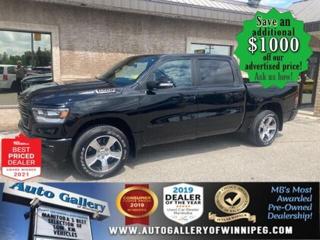 SAVE $1000 ******See how to qualify for an additional $1000 OFF our posted price with dealer arranged financing OAC.  New RAM MSRP $67,265 *******  * 4x4, REVERSE CAMERA, CREW CAB, BLUETOOTH, BED LINER, TRAILER HITCH, REMOTE STARTER, HEATED SEATS & STEERING WHEEL, POWER ADJUSTABLE PEDALS, GOOGLE ANDROID, APPLE CARPLAY  ** PLEASE NOTE - IF YOU ARE EMAILING FOR FURTHER INFORMATION, SUCH AS A CARFAX,  ADDITIONAL INFORMATION OR TO CONFIRM OPTIONS . WE ADVISE OUR CUSTOMERS TO PLEASE CHECK THEIR EMAIL SPAM/JUNK MAIL FOLDER  **  Huge SAVINGS from NEW in this REFINED, COMFORTABLE, STRONG yet EFFICIENT 2021 diamond black crystal pearl  RAM 1500 Sport Crew! Well equipped with 4x4, REVERSE CAMERA, GOOGLE ANDROID, APPLE CARPLAY, BLUETOOTH, BED LINER, TRAILER HITCH, REMOTE STARTER, HEATED SEATS & STEERING WHEEL, 5.7L HEMI V8 Engine, 8 speed automatic transmission, power adjustable pedals and more. See us today!  Auto Gallery of Winnipeg deals with all major banks and credit institutions, to find our clients the best possible interest rate. Free CARFAX Vehicle History Report available on every vehicle! BUY WITH CONFIDENCE, Auto Gallery of Winnipeg is rated A+ by the Better Business Bureau. We are the 13 time winner of the Consumers Choice Award and 12 time winner of the Top Choice Award and DealerRaters Dealer of the year for pre-owned vehicle dealership! We have the largest selection of premium low kilometre vehicles in Manitoba! No payments for 6 months available, OAC. WE APPROVE ALL LEVELS OF CREDIT! Notes: PRE-OWNED VEHICLE. Plus GST & PST. Auto Gallery of Winnipeg. Dealer permit #9470