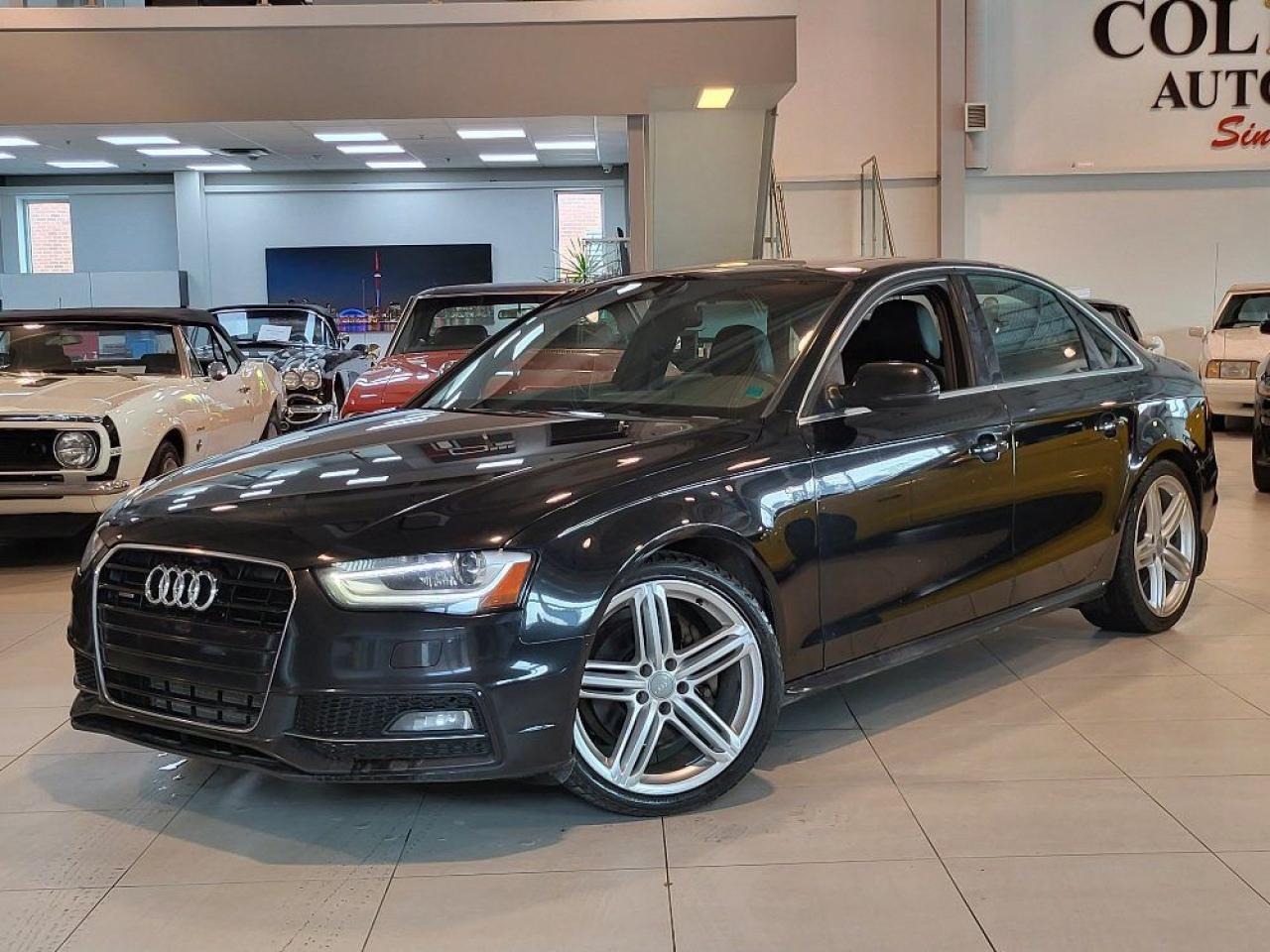 <p>{ CERTIFIED PRE-OWNED } **THIS VEHICLE COMES FULLY CERTIFIED WITH A SAFETY CERTIFICATE & SERVICED AT NO EXTRA COST**</p><p>**$0 DOWN....LOW INTEREST FINANCING APPROVALS**o.a.c.</p><p>#BEST DEAL IN TOWN! WHY PAY MORE ANYWHERE ELSE?</p><p>THIS IS ONE SLEEK AND SPORTY AUDI A4! BUY WITH CONFIDENCE!</p><p>FINISHED IN DEEP BLACK ON BLACK LEATHER! TECHNIK PLUS *S-LINE** PACKAGE! LOADED WITH TONS OF CONVENIENCE FEATURES! 2.0L I-4CYL TFSI TURBO! GAS SAVER! AUTOMATIC! QUATTRO ALL WHEEL DRIVE! HEATED SEATS! SUNROOF! NAVIGATION! BACK UP CAMERA! BLUETOOTH HANDS FREE PHONE! PUSH BUTTON START! S-LINE WHEELS! CRUISE CONTROL! SPORT WHEELS AND SO MUCH MORE! NICE, CLEAN & READY TO GO!</p><p>TAKE ADVANTAGE OF OUR VOLUME BASED PRICING TO ENSURE YOU ARE GETTING **THE BEST DEAL IN TOWN**!!! THIS VEHICLE COMES FULLY CERTIFIED WITH A SAFETY CERTIFICATE AT NO EXTRA COST! FINANCING AVAILABLE FROM **8.99%**O.A.C! WE GUARANTEE ALL VEHICLES! WE WELCOME YOUR MECHANICS APPROVAL PRIOR TO PURCHASE ON ALL OUR VEHICLES! EXTENDED WARRANTIES AVAILABLE ON ALL VEHICLES!</p><p>COLISEUM AUTO SALES PROUDLY SERVING THE CUSTOMERS FOR OVER 24 YEARS! NOW WITH 2 LOCATIONS TO SERVE YOU BETTER. COME IN FOR A TEST DRIVE TODAY!<br>FOR ALL FAMILY LUXURY VEHICLES..SUVS..AND SEDANS PLEASE VISIT....</p><p>COLISEUM AUTO SALES ON WESTON<br>301 WESTON ROAD<br>TORONTO, ON M6N 3P1<br>4 1 6 - 7 6 6 - 2 2 7 7</p>