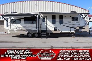 **Cash Price: $78,800, Finance Price: $76,800 (SAVE $2,000 OFF THE LISTED CASH PRICE WITH DEALER ARRANGED FINANCING! O.A.C.) Plus PST/GST. No Administration Fees!!** Free CARFAX Vehicle History Report available on every RV!

TRULY STUNNING LAYOUT, QULAITY & OPTIONS - MUST SEE 2019 KEYSTONE MONTANA 3950BR 40FT 4 SLIDE, REAR LOUNGE/MID-DEN/BUNK ROOM, RESIDENTIAL QULAITY - REALY AMAZING!!
 
WOW, WHAT A HOME AWAY FROM HOME ABSOLUTLEY BEAUTIFUL AND STILL LIKE NEW,  2019 MONTANA 3950BR, MADE BY KEYSTONE RV. AT OVER  $140,000 NEW TO REPLACE TODAY, THIS TOP OF THE LINE BEAUTY IS PRICED TO SELL WITH A SAVING OF GREATER THAN  $60,000 BELOW MRSP AND IT SHOWS ABSOLUTELY STILL AS NEW!! YOU CAN TRAVEL/RV ALL YEAR AROUND IN COMFORT AND LUXURY WITH THIS HIGH END, 4 (FOUR) SLIDE, BIG REAR LOUNGE/ MID BUNK HOUSE, RESIDENTIAL QUALITY AND READY TO GO, 5TH WHEEL. THIS IS BUILT 4 SEASON QUALITY AND IT IS FULLY EQUIPPED WITH ALL THE RIGHT OPTIONS AND A GREAT FLOOR PLAN! YOU MUST SEE THIS BEAUTIFUL 40FT HOME ON WHEELS! 

Loaded with all the options/upgrades and has the very hard to find/highly desired floor plan including mid  room/bunk room!! This beauty is a rolling home/cabin! Roll it onto your property or seasonal site and BOOM instant high end luxury cabin for the whole family!! It is complete with the modern electronic 6 position auto leveling system, full high end leather interior/furnishings, mid bunk room ( allows sleep up to 8 people) and even a fireplace. Its a 2019 KEYSTONE MONTANA 3950BR, which is a 40FT 4 Slide RV with a large, high-end Rear Lounge set up with opposing slides and the rare mid bunk/study/office or spare room!! Yes, really!!! This huge RV boasts 4 Big Slides and from the appliances to the carpeting, its very high end quality and it is Still Like New In All Respects and best of all it is Priced to Sell at tremendous savings over new.

Enter mid ship, walking up the New generation, Super sturdy fold-out aluminum stairs and what do you see? A beautiful Mid Bunk Room/den with a leather tri-fold sofa and desk with a wall mounted TV, that has its own slide making it a really nice sized space! There is NO other RV out there with this "extra room" that we have seen! It can be used as a man-cave, a reading/sewing room, spare bedroom, kids gaming room.... use your imagination as the options are endless! And whats more, theres a loft with a queen bunk on top of this room for even more additional sleeping quarters! But its when you turn left and look at the kitchen/living/dining area that your breath is truly taken away! The kitchen is on your right and to say its high-end is an understatement. The cabinets are stunning, finished in real wood with nickel fixtures, hardware and faucet giving a warm, show home feel. The island kitchen is a true chefs delight. The island with a beautiful countertop and covers with double stainless sink and residential faucet makes the space, beautiful to say the least! Youll enjoy all the amenities of home with this wide-open space. Upgrades are numerous and include the French door fridge with top mount freezer, 3 burner stove with oven, full range hood, built in microwave and deep floor to ceiling pantries (WITH DOUBLE DOORS)! Youll love the amount of storage. Whats more important is the big, open entertaining area. There are 2 LARGE opposing slides at the rear that push the theater seats and free standing  dinette out on one side and the entertaining wall with fireplace and full kitchen on the other. At the rear is a large convertible sofa. The upgraded sofa and recliners are wrapped in beautiful chocolate leather. The entire area gives you nice views of the TV so you dont have to fight over where to sit. The big entertainment wall with fireplace/heater has an included flat-panel TV and Bluetooth entertainment system that also plays CD/DVD/AUX/USB/SD Card with speakers indoor and out. This unit has beautiful cabinets and more storage. The upgraded dinning table has a pop-up charging port for USB and 110volt built right in and 2 matching independent chairs, along with 2 Foldaway matching chairs with covers that you can store under the bed to seat 4 comfortably when needed! The entire area has such a rich look and feel youll swear that this isnt an RV, rather a high end home!! There are so many windows, all various sizes and all frame-less for a sleek exterior look. Turn towards the front of the RV and, at the top of the stairs, next to the "The Den" is the Big Master Bathroom. Theres a walk-in shower and sliding glass door and built-in seat, skylight, toilet, full vanity with sink, medicine cabinet, and separate linen area. The Master Bedroom... It  truly is a Master BIG room! Thats because of the 4th (thats 4 folks) slide opening the space. Theres a wall to wall closet with washer/dryer combo prep connections! Theres a nice dresser with TV stand and cable/power connectors. Its amazing how much storage you get in this Montana 3950BR. The entire RV uses LED lighting for low power draw and brighter lights as well as motion sensors in key areas to keep you from fumbling in the night. There are 2-LARGE yes 2-power awnings to cover you on rainy days and  a built-in outdoor  entertainment area with a TV so you can have family movie night or watch your favorite sports team play in the evening. It has high end central ducted dual air conditioners to keep you cool on those hot summer nights with multiple comfort zones throughout the RV. Set up is a breeze with the 6 PISTON auto leveling power jacks giving exceptional stability. AND... you can use this beauty all year round, as it is built and equipped with the 4-season living protection package so go to the beach or head to the mountains any time you want! This is a must see for full time RV living or part time in style and luxury here or down south. 

We have completed a Safety Inspection based on the Manitoba Fire Commissioners Office guidelines, it has a Clean 1-owner British Columbia CARFAX history report and we have many extended comprehensive warranty options available to choose from to protect your RV investment and your wallet. What a Great find!! Selling at a fraction of the new cost of close to $140,000 MRSP to replace today. ON SALE NOW (HUGE VALUE!!!) Zero down and very low payment financing available OAC. Please see dealer for details. Trades accepted. View at Winnipeg West Automotive Group, 5195 Portage Ave. Dealer permit# 4365, Call now 1(888) 601-3023
