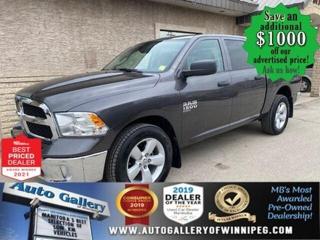 *****PRICE JUST REDUCED $1000*****Ask us how to qualify for an additional $1000 OFF our posted price with dealer arranged financing OAC.  * NEW RAM MSRP* $56,945  * NO REPORTED ACCIDENTS, Only 9,130 km  * 4x4, REVERSE CAMERA, REMOTE STARTER, CREW, HEATED SEATS & STEERING WHEEL, BLUETOOTH, 6 SEATER, GOOGLE ANDROID, APPLE CARPLAY, 6 SEATER  Huge Savings from new in this COMFORTABLE, STRONG & EFFICIENT 2021 RAM 1500 Classic Tradesman Crew Cab. Well equipped with 4x4, REVERSE CAMERA, REMOTE STARTER, CREW, HEATED SEATS & STEERING WHEEL, BLUETOOTH, 6 SEATER, GOOGLE ANDROID, APPLE CARPLAY, 6 SEATER and more. See us today.  Auto Gallery of Winnipeg deals with all major banks and credit institutions, to find our clients the best possible interest rate. Free CARFAX Vehicle History Report available on every vehicle! BUY WITH CONFIDENCE, Auto Gallery of Winnipeg is rated A+ by the Better Business Bureau. We are the 13 time winner of the Consumers Choice Award and 12 time winner of the Top Choice Award and DealerRaters Dealer of the year for pre-owned vehicle dealership! We have the largest selection of premium low kilometre vehicles in Manitoba! No payments for 6 months available, OAC. WE APPROVE ALL LEVELS OF CREDIT! Notes: PRE-OWNED VEHICLE. Plus GST & PST. Auto Gallery of Winnipeg. Dealer permit #9470
