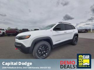 Demo Model. This Jeep Cherokee boasts a Regular Unleaded V-6 3.2 L engine powering this Automatic transmission. WHEELS: 17 X 7.5 BLACK ALUMINUM, TRANSMISSION: 9-SPEED AUTOMATIC W/ACTIVE DRIVE II (STD), QUICK ORDER PACKAGE 27E TRAILHAWK -inc: Engine: 3.2L Pentastar VVT V6 w/ESS, Transmission: 9-Speed Automatic w/Active Drive II.*This Jeep Cherokee Comes Equipped with These Options *BRIGHT WHITE, BLACK, VINYL SEATS W/PREMIUM CLOTH INSERTS, Vinyl Door Trim Insert, Valet Function, Upfitter Switches, Trunk/Hatch Auto-Latch, Trip Computer, Transmission w/Driver Selectable Mode, Autostick Sequential Shift Control and Oil Cooler, Towing Equipment -inc: Trailer Sway Control, Tires: P245/65R17 OWL AT.*Stop By Today *For a must-own Jeep Cherokee come see us at Capital Dodge Chrysler Jeep, 2500 Palladium Dr Unit 1200, Kanata, ON K2V 1E2. Just minutes away!