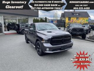 2020 RAM 1500 CLASSIC EXPRESSAUTO - HOOD SCOOP - 20 INCH WHEELS - BIG SCREEN - BACKUP CAMERA - AC - HEATED SEATS - HEATED STEERING - 6 1/2 FOOT BOX - POWER SEATS - ENGINE: 5.7L HEMI VVT V8 W/FUELSAVER MDS,TRANSMISSION: 8-SPEED TORQUEFLITE AUTOMATICWITH ONLY 12,500 KMS ON THE RAM 1500 ------ 6 MONTHS NO PAYMENTS AT ALLLLL.... EASY FINANCING PLANS -CALL US TODAY FOR MORE INFORMATION604 533 4499 OR TEXT USAT 604 360 0123GO TO KINGOFCARSBC.COM AND APPLY FOR A FREE-------- PRE APPROVAL -------BALANCE OF RAM/DODGE FACTORY WARRANTYSTOCK # P214511PLUS ADMINISTRATION FEE OF $895 AND TAXESDEALER # 31301all finance options are subject to ....oac...