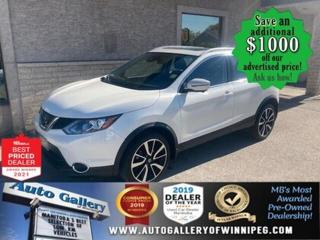 SAVE $1000 ******See how to qualify for an additional $1000 OFF our posted price with dealer arranged financing OAC.  * Only 33,592 km  * ALL WHEEL DRIVE, HEATED SEATS, REVERSE CAMERA, BLUETOOTH, NAVIGATION, SXM, SUNROOF  ** PLEASE NOTE - IF YOU ARE EMAILING FOR FURTHER INFORMATION, SUCH AS A CARFAX,  ADDITIONAL INFORMATION OR TO CONFIRM OPTIONS . WE ADVISE OUR CUSTOMERS TO PLEASE CHECK THEIR EMAIL SPAM/JUNK MAIL FOLDER  **  This 2018 Nissan Qashqai SL is COMPACT yet VERSATILE. Well equipped with NAVIGATION, ALL WHEEL DRIVE, HEATED SEATS, REVERSE CAMERA, BLUETOOTH, SUNROOF, SATELLITE RADIO, power steering, power locks, power windows, automatic transmission, air conditioning and more! Call us today.  Auto Gallery of Winnipeg deals with all major banks and credit institutions, to find our clients the best possible interest rate. Free CARFAX Vehicle History Report available on every vehicle! BUY WITH CONFIDENCE, Auto Gallery of Winnipeg is rated A+ by the Better Business Bureau. We are the 13 time winner of the Consumers Choice Award and 12 time winner of the Top Choice Award and DealerRaters Dealer of the year for pre-owned vehicle dealership! We have the largest selection of premium low kilometre vehicles in Manitoba! No payments for 6 months available, OAC. WE APPROVE ALL LEVELS OF CREDIT! Notes: PRE-OWNED VEHICLE. Plus GST & PST. Auto Gallery of Winnipeg. Dealer permit #9470