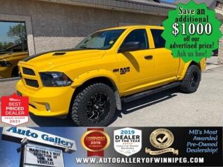 SAVE $1000 ******See how to qualify for an additional $1000 OFF our posted price with dealer arranged financing OAC.  * CLEAN CARFAX, ONLY 29,100 km  * 4x4, REVERSE CAMERA, SATELLITE RADIO, BLUETOOTH, BEDLINER, TRAILER HITCH, 6 SEATER, REMOTE STARTER, CREW  ** PLEASE NOTE - IF YOU ARE EMAILING FOR FURTHER INFORMATION, SUCH AS A CARFAX,  ADDITIONAL INFORMATION OR TO CONFIRM OPTIONS . WE ADVISE OUR CUSTOMERS TO PLEASE CHECK THEIR EMAIL SPAM/JUNK MAIL FOLDER  **  Come and see the STRONG, SPACIOUS & COMFORTABLE STINGER YELLOW 2019 RAM 1500 classic express CREW cab. Nicely equipped with options such as 5.7L HEMI V8 Engine, 8 speed automatic transmission, TRAILER HITCH, REMOTE STARTER, 4x4, REVERSE CAMERA, SATELLITE RADIO, BLUETOOTH, 6 SEATER, air conditioning and more. See us today!  Auto Gallery of Winnipeg deals with all major banks and credit institutions, to find our clients the best possible interest rate. Free CARFAX Vehicle History Report available on every vehicle! BUY WITH CONFIDENCE, Auto Gallery of Winnipeg is rated A+ by the Better Business Bureau. We are the 13 time winner of the Consumers Choice Award and 12 time winner of the Top Choice Award and DealerRaters Dealer of the year for pre-owned vehicle dealership! We have the largest selection of premium low kilometre vehicles in Manitoba! No payments for 6 months available, OAC. WE APPROVE ALL LEVELS OF CREDIT! Notes: PRE-OWNED VEHICLE. Plus GST & PST. Auto Gallery of Winnipeg. Dealer permit #9470