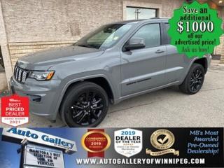 SAVE $1000 ******See how to qualify for an additional $1000 OFF our posted price with dealer arranged financing OAC.  New JEEP MSRP*** $54,080  * NO REPORTED ACCIDENTS, Only 22,321 km  * ALL WHEEL DRIVE, REVERSE CAMERA, BLUETOOTH, SXM, PUSH BUTTON START, PROXIMITY KEY  ** PLEASE NOTE - IF YOU ARE EMAILING FOR FURTHER INFORMATION, SUCH AS A CARFAX,  ADDITIONAL INFORMATION OR TO CONFIRM OPTIONS . WE ADVISE OUR CUSTOMERS TO PLEASE CHECK THEIR EMAIL SPAM/JUNK MAIL FOLDER  **  SPACE, COMFORT & CONVENIENCE. Come and see the VERSATILE 2020 Jeep Grand Cherokee Laredo Altitude. Well equipped with ALL WHEEL DRIVE, REVERSE CAMERA, BLUETOOTH, SXM, PUSH BUTTON START, BLIND SPOT ASSIST, PROXIMITY KEY, air conditioning, power windows, locks and more. See us today!    Auto Gallery of Winnipeg deals with all major banks and credit institutions, to find our clients the best possible interest rate. Free CARFAX Vehicle History Report available on every vehicle! BUY WITH CONFIDENCE, Auto Gallery of Winnipeg is rated A+ by the Better Business Bureau. We are the 13 time winner of the Consumers Choice Award and 12 time winner of the Top Choice Award and DealerRaters Dealer of the year for pre-owned vehicle dealership! We have the largest selection of premium low kilometer vehicles in Manitoba! No payments for 6 months available, OAC. WE APPROVE ALL LEVELS OF CREDIT! Notes: PRE-OWNED VEHICLE. Plus GST & PST. Auto Gallery of Winnipeg. Dealer permit #9470