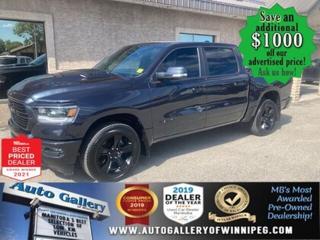 SAVE $1000 ******See how to qualify for an additional $1000 OFF our posted price with dealer arranged financing OAC.  New RAM MSRP $73,425 *******  * NO REPORTED ACCIDENTS  * 4x4, REVERSE CAMERA, SPORT PERFORMANCE HOOD, REMOTE STARTER, GOOGLE ANDROID, APPLE CARPLAY, V8, CREW CAB, PANORAMIC ROOF  ** PLEASE NOTE - IF YOU ARE EMAILING FOR FURTHER INFORMATION, SUCH AS A CARFAX,  ADDITIONAL INFORMATION OR TO CONFIRM OPTIONS . WE ADVISE OUR CUSTOMERS TO PLEASE CHECK THEIR EMAIL SPAM/JUNK MAIL FOLDER  **  Come and see the STRONG, SMOOTH and EFFICIENT 2021 Maximum Steel Metallic  RAM 1500 Sport Crew! Well equipped with 4x4, REVERSE CAMERA, SPORT PERFORMANCE HOOD, REMOTE STARTER, GOOGLE ANDROID, APPLE CARPLAY, V8, CREW CAB, PANORAMIC ROOF, 5.7L HEMI V8 Engine, 8 speed automatic transmission and more. See us today!  Auto Gallery of Winnipeg deals with all major banks and credit institutions, to find our clients the best possible interest rate. Free CARFAX Vehicle History Report available on every vehicle! BUY WITH CONFIDENCE, Auto Gallery of Winnipeg is rated A+ by the Better Business Bureau. We are the 13 time winner of the Consumers Choice Award and 12 time winner of the Top Choice Award and DealerRaters Dealer of the year for pre-owned vehicle dealership! We have the largest selection of premium low kilometre vehicles in Manitoba! No payments for 6 months available, OAC. WE APPROVE ALL LEVELS OF CREDIT! Notes: PRE-OWNED VEHICLE. Plus GST & PST. Auto Gallery of Winnipeg. Dealer permit #9470