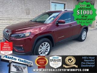 SAVE $1000 ******See how to qualify for an additional $1000 OFF our posted price with dealer arranged financing OAC.  * 4x4, REVERSE CAMERA, BLUETOOTH, SXM, APPLE CARPLAY, GOOGLE ANDROID AUTO  ** PLEASE NOTE - IF YOU ARE EMAILING FOR FURTHER INFORMATION, SUCH AS A CARFAX REPORT, ADDITIONAL INFORMATION OR TO CONFIRM OPTIONS . WE ADVISE OUR CUSTOMERS TO PLEASE CHECK THEIR EMAIL SPAM/JUNK MAIL FOLDER  **   EFFICIENCY, CONVENIENCE & COMFORT - Come and see the 2019 Velvet Red Pearl Jeep Cherokee North. Equipped with 4x4, REVERSE CAMERA, BLUETOOTH, SXM, APPLE CARPLAY, GOOGLE ANDROID AUTO, automatic transmission, air conditioning, power windows, locks and more. See us today!  Auto Gallery of Winnipeg deals with all major banks and credit institutions, to find our clients the best possible interest rate. Free CARFAX Vehicle History Report available on every vehicle! BUY WITH CONFIDENCE, Auto Gallery of Winnipeg is rated A+ by the Better Business Bureau. We are the 13 time winner of the Consumers Choice Award and 12 time winner of the Top Choice Award and DealerRaters Dealer of the year for pre-owned vehicle dealership! We have the largest selection of premium low kilometre vehicles in Manitoba! No payments for 6 months available, OAC. WE APPROVE ALL LEVELS OF CREDIT! Notes: PRE-OWNED VEHICLE. Plus GST & PST. Auto Gallery of Winnipeg. Dealer permit #9470