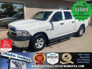 SAVE $1000 ******See how to qualify for an additional $1000 OFF our posted price with dealer arranged financing OAC.  * 4x4, CREW CAB, V8 ENGINE, 6 SEATER, SATELLITE RADIO, STEP BARS, REMOTE STARTER  ** PLEASE NOTE - IF YOU ARE EMAILING FOR FURTHER INFORMATION, SUCH AS A CARFAX, ADDITIONAL INFORMATION OR TO CONFIRM OPTIONS . WE ADVISE OUR CUSTOMERS TO PLEASE CHECK THEIR EMAIL SPAM/JUNK MAIL FOLDER  **  Come and see the ABUNDANTLY CAPABLE 2015 RAM 1500 ST. Well equipped with options such as 4x4, CREW CAB, V8 ENGINE, 6 SEATER, SXM, STEP BARS, air conditioning, automatic transmission and more. Call us today!  Auto Gallery of Winnipeg deals with all major banks and credit institutions, to find our clients the best possible interest rate. Free CARFAX Vehicle History Report available on every vehicle! BUY WITH CONFIDENCE, Auto Gallery of Winnipeg is rated A+ by the Better Business Bureau. We are the 13 time winner of the Consumers Choice Award and 12 time winner of the Top Choice Award and DealerRaters Dealer of the year for pre-owned vehicle dealership! We have the largest selection of premium low kilometre vehicles in Manitoba! No payments for 6 months available, OAC. WE APPROVE ALL LEVELS OF CREDIT! Notes: PRE-OWNED VEHICLE. Plus GST & PST. Auto Gallery of Winnipeg. Dealer permit #9470