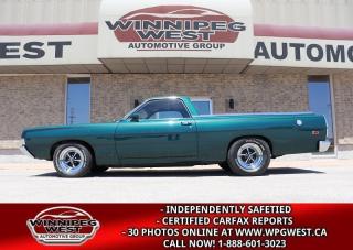 PRICE: $44,800 plus taxes/ WILL CONSIDER ALL TRADES 

Just received from a private Canadian collection , we are pleased to offer this absolute stunning 1968 Ford Ranchero GT with a 428 Cobra Jet, full Documented Rotisserie restoration. Flawless,  Fully Restored! Slight Mods,  Museum Quality. A real must see to appreciate!! None nicer on the market!!

Vehicle Details:
Year: 1968
Make: Ford
Model: Ranchero GT
VIN: 8K48S156434
Mileage: 2,432 on the Odometer (Since restoration) But selling TMU as 5 digit Odometer & Fully restored
Style: 2-door coupe utility
Ext Color:  Dark Green Clear Coat Iridescent with painted GT Stripes 
Engine: rare 428 Cobra Jet V8 with Performance Mods
Transmission:  Tremec 600 5 Speed Manual

PROFESSIONAL AWARD WINNING RESTORATION WITH NICE - EXCEPTIONALLY SHARP, WELL BUILT AND VERY SOUGHT AFTER - NON NICER!!

No expense spared well documented restoration.  Every single part has been repaired, replaced, or rebuilt.  This car is perfect in every way.

Amazing, rare Canadian Ranchero GT with a 428 Cobra jet engine and 5 speed manual transmission. There has only been 3 owners of this amazing car! Prior to now, the car was owned and beloved with lots invested by the previous owner since 1972 and has spent its entire life in Victoria, on Vancouver Island Canada. After 49 years of careful stewardship, it is time for our client to pass along this stunning hot rod. Taken down to bare metal, this Ranchero had a complete rotisserie restoration and was repainted with several coats of clear including factory style GT striping painted on and wet sanded before clear coat. Interior is gorgeous with custom gauges and reupholstered seats. Door cards were replaced. All trim and Chrome are beautiful.  

This super high performance FOMOCO racing machine has it all.

Originally a 390 car, it is now equipped with a period correct vintage and very well built New build, 428 Cu. In. FE CJ , bored .040, with Keith Kraft modified Edelbrock aluminum heads, Eagle crankshaft, 0.040 over, Forged pistons, fully balanced and blueprinted, Edelbrock Performer RPM aluminum intake manifold, fitted with 69 CJ. high performance carburetor, Special custom fabricated aluminum rocker covers, Deep Sump Cobra high capacity cast aluminum oil pan, MSD ignition, Steel flywheel, Center-Force clutch, , MSD Ignition and complete with Cobra Air Cleaner, power supplied via a new smooth shifting 5 speed Tremec 600 Transmission with Hurst shifter. 3.50-1 True-track differential with 31 spline 69 CJ. axles with housing from a Cobra Jet Car. Suspension includes Relocated front upper control arms (Shelby Mustang style) with Koni shocks, CJ. coil springs, high performance bushings, ball joints, etc. with new rear leaf springs and more. Significant steel subframe reinforcement to stiffen the vehicle when operating under maximum power conditions. Borgeson power steering conversion, including 69 CJ. pump and cooler. Electro hydraulic power brake booster, with discs at front. It has  LED illuminated Auto-Meter high performance instruments, including tachometer, Torino GT upgrades including GT bucket seats with a flip down center console to allow for a third occupant, New GT door panels, with power windows and hand made stainless steel spoke steering wheel. This Ranchero is rolling on 15x7 (front) and 15x8 Magnum 500 chrome wheels with BFGoodrich Tires. 

The entire vehicle was  stripped to the bare essentials, media blasted and restored to show condition and finished with a base coat/clear coat, DuPont Premier glass like finish with the entire project designed, engineered and completed by the lifetime, skilled craftsmen of world renowned, Blaine Worth Restorations, of Victoria, BC. The interior /body/interior/glass/chrome/undercarriage is absolutely amazing. Laser straight body, fully restored by a Award winning professional restoration shop in Victoria BC. One of a kind find, the car runs and drives amazing and extremely street- able. There is so much to tell and Lots of documentation to come with the car Very rare and especially being a Canadian car. Truly a must see Beautiful paint job. Power windows, Leather interior, Radio + so much more. A binder of invoices/bills and some original sale documents will be included with the sale. This is a one of a kind, totally unique high performance, collector vehicle coming on the public market for the first time since 1970.

Please call for more information or better yet make an appointment to see it in our heated, climate controlled  showroom where it is on display!! READY FOR SALE NOW.  Please see dealer for details. Trades accepted. View at Winnipeg West Automotive Group, 5195 Portage Ave. Dealer permit # 4365, Call now 1 (888) 601-3023. This Car is located in Winnipeg Manitoba however we can have it shipped anywhere in North America relatively inexpensively.

Our sports cars are now available for your viewing convenience in our heated off-site showroom, by appointment only. Please call Sales at 888-601-3023 in advance, to set up your private viewing.
