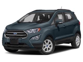 Our 2022 Ford EcoSport SE 4WD with the Convenience Pack is fun and stylish in Blue Metallic! Motivated by a 2.0 Litre 4 Cylinder supplying 166hp matched to a 6 Speed SelectShift Automatic transmission. The momentum is on your side with that on board, along with torque vectoring control, and our Four Wheel Drive SUV also achieves nearly approximately 8.1L/100km on the highway. Impressively functional, this EcoSport delivers distinctive design cues like a swing-out rear tailgate, a power sunroof, LED signature lighting, fog lamps, alloy wheels, roof rails, and built-in blind-spot mirrors.    Youll find that our SE cabin is roomy enough for the real world and impressively equipped for your comfort. Check out the heated premium cloth front seats, leather-wrapped steering wheel, automatic climate control, cruise control, and keyless access/ignition. Our package raises the bar further with ambient lighting, a 110V/150W AC power outlet, seven-speaker audio, and full-color navigation to go with an 8-inch touchscreen, voice recognition, Android Auto, Apple CarPlay, Bluetooth, and FordPass Connect WiFi compatibility.    Ford helps keep you out of harms way with a rearview camera, rear parking sensors, hill-start assist, individual tire-pressure monitoring, and our package for blind-spot detection and rear cross-traffic alert. Drive our EcoSport SE, and great adventures are just around the corner! Save this Page and Call for Availability. We Know You Will Enjoy Your Test Drive Towards Ownership!
