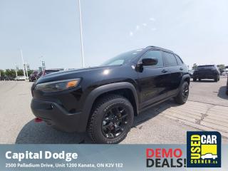 Demo Model Low Kms! This Jeep Cherokee boasts a Regular Unleaded V-6 3.2 L engine powering this Automatic transmission. WHEELS: 17 X 7.5 BLACK ALUMINUM, TRANSMISSION: 9-SPEED AUTOMATIC W/ACTIVE DRIVE II (STD), QUICK ORDER PACKAGE 27E TRAILHAWK -inc: Engine: 3.2L Pentastar VVT V6 w/ESS, Transmission: 9-Speed Automatic w/Active Drive II.*This Jeep Cherokee Features the Following Options *DIAMOND BLACK CRYSTAL PEARLCOAT, BLACK, VINYL SEATS W/PREMIUM CLOTH INSERTS, Vinyl Door Trim Insert, Valet Function, Upfitter Switches, Trunk/Hatch Auto-Latch, Trip Computer, Transmission w/Driver Selectable Mode, Autostick Sequential Shift Control and Oil Cooler, Towing Equipment -inc: Trailer Sway Control, Tires: P245/65R17 OWL AT.*Visit Us Today *For a must-own Jeep Cherokee come see us at Capital Dodge Chrysler Jeep, 2500 Palladium Dr Unit 1200, Kanata, ON K2V 1E2. Just minutes away!