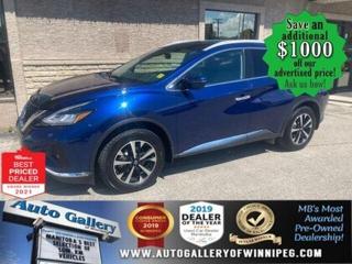 SAVE $1000 ******See how to qualify for an additional $1000 OFF our posted price with dealer arranged financing OAC.  * ONE OWNER, NO REPORTED ACCIDENTS  * HEATED SEATS, NAVIGATION, BLUETOOTH, REVERSE CAMERA, AWD, PANORAMIC ROOF, LEATHER INTERIOR  ** PLEASE NOTE - IF YOU ARE EMAILING FOR FURTHER INFORMATION, SUCH AS A CARFAX,  ADDITIONAL INFORMATION OR TO CONFIRM OPTIONS . WE ADVISE OUR CUSTOMERS TO PLEASE CHECK THEIR EMAIL SPAM/JUNK MAIL FOLDER  **  LUXURY, CONVENIENCE & COMFORT! Come and see the 2021 Nissan Murano SL. Well equipped with HEATED SEATS, NAVIGATION, BLUETOOTH, REVERSE CAMERA, AWD, PANORAMIC ROOF, LEATHER INTERIOR, air conditioning, automatic transmission and more! See us today!  Auto Gallery of Winnipeg deals with all major banks and credit institutions, to find our clients the best possible interest rate. Free CARFAX Vehicle History Report available on every vehicle! BUY WITH CONFIDENCE, Auto Gallery of Winnipeg is rated A+ by the Better Business Bureau. We are the 13 time winner of the Consumers Choice Award and 12 time winner of the Top Choice Award and DealerRaters Dealer of the year for pre-owned vehicle dealership! We have the largest selection of premium low kilometre vehicles in Manitoba! No payments for 6 months available, OAC. WE APPROVE ALL LEVELS OF CREDIT! Notes: PRE-OWNED VEHICLE. Plus GST & PST. Auto Gallery of Winnipeg. Dealer permit #9470
