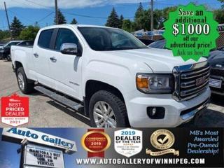 SAVE $1000 ******See how to qualify for an additional $1000 OFF our posted price with dealer arranged financing OAC.  * CREW, 4X4, NAVIGATION, REMOTE STARTER, HEATED SEATS, REVERSE CAMERA, SXM, BLUETOOTH  ** PLEASE NOTE - IF YOU ARE EMAILING FOR FURTHER INFORMATION, SUCH AS A CARFAX, ADDITIONAL INFORMATION OR TO CONFIRM OPTIONS . WE ADVISE OUR CUSTOMERS TO PLEASE CHECK THEIR EMAIL SPAM/JUNK MAIL FOLDER  **  For WORK, PLAY or BOTH - Come and See the VERSATILE 2016 GMC Canyon SLT! Well equipped with CREW CAB, 4X4, NAVIGATION, REMOTE STARTER, BLUETOOTH, HEATED SEATS, REVERSE CAMERA, SXM, AIR CONDITIONING, AUTOMATIC TRANSMISSION, AM-FM radio and more. See us today!  Auto Gallery of Winnipeg deals with all major banks and credit institutions, to find our clients the best possible interest rate. Free CARFAX Vehicle History Report available on every vehicle! BUY WITH CONFIDENCE, Auto Gallery of Winnipeg is rated A+ by the Better Business Bureau. We are the 13 time winner of the Consumers Choice Award and 12 time winner of the Top Choice Award and DealerRaters Dealer of the year for pre-owned vehicle dealership! We have the largest selection of premium low kilometre vehicles in Manitoba! No payments for 6 months available, OAC. WE APPROVE ALL LEVELS OF CREDIT! Notes: PRE-OWNED VEHICLE. Plus GST & PST. Auto Gallery of Winnipeg. Dealer permit #9470