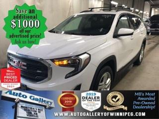 *****SAVE $1000*** Ask us how to qualify for an additional $1000 OFF our posted price with dealer arranged financing OAC.  * ALL WHEEL DRIVE, SUNROOF, NAVIGATION, REMOTE STARTER, BLUETOOTH, REVERSE CAMERA, HEATED SEATS  ** PLEASE NOTE - IF YOU ARE EMAILING FOR FURTHER INFORMATION, SUCH AS A CARFAX,  ADDITIONAL INFORMATION OR TO CONFIRM OPTIONS . WE ADVISE OUR CUSTOMERS TO PLEASE CHECK THEIR EMAIL SPAM/JUNK MAIL FOLDER  **  A vehicle that will suit your needs, regardless of your lifestyle! Come and see the 2018 GMC Terrain SLE. Nicely equipped with ALL WHEEL DRIVE, SUNROOF, NAVIGATION, REMOTE STARTER, BLUETOOTH, REVERSE CAMERA, HEATED SEATS, power windows, power door locks, cruise control, air conditioning and more! Call us today!  Auto Gallery of Winnipeg deals with all major banks and credit institutions, to find our clients the best possible interest rate. Free CARFAX Vehicle History Report available on every vehicle! BUY WITH CONFIDENCE, Auto Gallery of Winnipeg is rated A+ by the Better Business Bureau. We are the 13 time winner of the Consumers Choice Award and 12 time winner of the Top Choice Award and DealerRaters Dealer of the year for pre-owned vehicle dealership! We have the largest selection of premium low kilometre vehicles in Manitoba! No payments for 6 months available, OAC. WE APPROVE ALL LEVELS OF CREDIT! Notes: PRE-OWNED VEHICLE. Plus GST & PST. Auto Gallery of Winnipeg. Dealer permit #9470