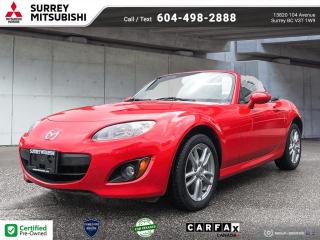 Dealer # 40045<div autocomment=true>Discerning drivers will appreciate the 2011 Mazda Mazda MX-5 Miata! <br /><br /> This is an exceptional vehicle at an affordable price! This 2 door, 2 passenger convertible still has fewer than 60,000 kilometers! Mazda prioritized practicality, efficiency, and style by including: front bucket seats, front fog lights, and power windows. Mazda made sure to keep road-handling and sportiness at the top of its priority list. Under the hood youll find a 4 cylinder engine with more than 150 horsepower, providing a spirited, yet composed ride and drive. <br /><br /> You will have a pleasant shopping experience that is fun, informative, and never high pressured. Please dont hesitate to give us a call. <br /><br /></div>At Surrey Mitsubishi all vehicles are inspected by factory trained technicians, professionally detailed, and come with Carfax report and lien report.Shop with confidence at Surrey Mitsubishi and see why we are greater Vancouvers number one car superstore! We take all trades and offer financing for everyone!  All prices are plus $695 prep fee, $159 wheel lock fee, $395 doc fee, $1495 finance fee or $695 Cash Admin Fee . All credit is cod. See Dealer for details.