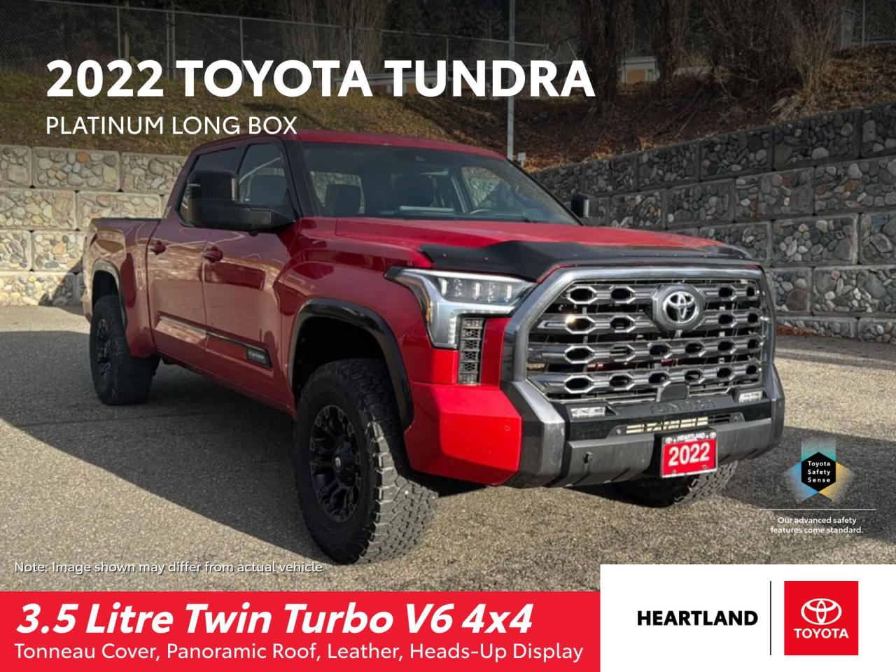 <p>Get ready to experience the ultimate in power and luxury with this stunning new 2022 Toyota Tundra Platinum Long Box, available now at Heartland Toyota. This truck boasts a bold Supersonic Red exterior that turns heads, while its sophisticated 21 Black interior pampers you with premium comfort and style.</p><p>This Platinum trim comes loaded with features that are sure to impress. From the powerful engine to the luxurious leather seats, this truck is built to handle any task while keeping you comfortable and connected.</p><p>Here are just a few of the standout features that make this Tundra a standout:</p><ul><li><strong>Heated and Cooled Seats:</strong> Experience year-round comfort with heated and cooled front seats. Perfect for those cold winter mornings or hot summer days.</li><li><strong>Leather-Wrapped Steering Wheel and Seats:</strong> Enjoy the luxurious feel of premium leather on the steering wheel and seats, adding an extra touch of sophistication to your ride.</li><li><strong>Navigation System:</strong> Never get lost again with the integrated navigation system, complete with real-time traffic updates to help you stay on schedule.</li><li><strong>Blind Spot Monitoring:</strong> Drive with confidence knowing you have a helping hand. The Blind Spot Monitor alerts you to vehicles in your blind spots, increasing safety and peace of mind.</li><li><strong>Remote Engine Start:</strong> Beat the cold or heat before you even step foot in the truck. Remote engine start lets you warm up or cool down your cabin from afar for ultimate comfort.</li></ul><p>This Toyota Tundra Platinum Long Box is ready to take on any adventure. Visit Heartland Toyota today to experience it for yourself!</p><p> </p>