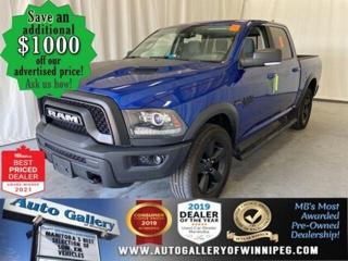SAVE $1000 **** See how to qualify for an additional $1000 OFF our posted price with dealer arranged financing OAC.  * New RAM MSRP $63,520*******Clean Carfax - One Owner - Only 11,282 km  * 4x4, CREW, HITCH RECEIVER, STEP BARS, REVERSE CAMERA, GOOGLE ADROID, APPLE CARPLAY, HEATED SEATS & STEERING WHEEL, SUNROOF, BEDLINER  ** PLEASE NOTE - IF YOU ARE EMAILING FOR FURTHER INFORMATION, SUCH AS A CARFAX, ADDITIONAL INFORMATION OR TO CONFIRM OPTIONS . WE ADVISE OUR CUSTOMERS TO PLEASE CHECK THEIR EMAIL SPAM/JUNK MAIL FOLDER  **  HUGE SAVINGS from NEW in this Blue Streak Pearl 2019 1500 warlock crew cab. Well equipped with 4x4, SUNROOF, BEDLINER, CREW CAB, V8 ENGINE, 8 SPEED A/T, STEP BARS, HEATED SEATS & STEERING WHEEL, REVERSE CAMERA, Apple CarPlay, Google Android, air conditioning and more. Call us today!  Auto Gallery of Winnipeg deals with all major banks and credit institutions, to find our clients the best possible interest rate. Free CARFAX Vehicle History Report available on every vehicle! BUY WITH CONFIDENCE, Auto Gallery of Winnipeg is rated A+ by the Better Business Bureau. We are the 13 time winner of the Consumers Choice Award and 12 time winner of the Top Choice Award and DealerRaters Dealer of the year for pre-owned vehicle dealership! We have the largest selection of premium low kilometre vehicles in Manitoba! No payments for 6 months available, OAC. WE APPROVE ALL LEVELS OF CREDIT! Notes: PRE-OWNED VEHICLE. Plus GST & PST. Auto Gallery of Winnipeg. Dealer permit #9470