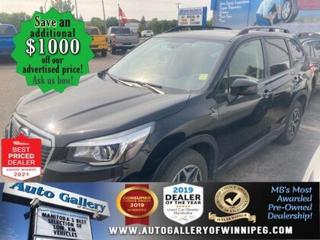 Ask us how to qualify for an additional $1000 OFF our posted price with dealer arranged financing OAC.  * CLEAN CARFAX  * ALL WHEEL DRIVE, HEATED SEATS, REVERSE CAMERA, BLUETOOTH, REMOTE STARTER, SUNROOF, SXM  ** PLEASE NOTE - IF YOU ARE EMAILING FOR FURTHER INFORMATION, SUCH AS A CARFAX,  ADDITIONAL INFORMATION OR TO CONFIRM OPTIONS . WE ADVISE OUR CUSTOMERS TO PLEASE CHECK THEIR EMAIL SPAM/JUNK MAIL FOLDER  **  Enjoy SPACE, COMFORT & RELIABILITY in this VERSATILE 2019 Subaru Forester Touring. Well equipped with ALL WHEEL DRIVE, HEATED SEATS, BLUETOOTH, REVERSE CAMERA, SXM, SUNROOF, REMOTE STARTER, air conditioning, power windows, power locks and more! See us today!  Auto Gallery of Winnipeg deals with all major banks and credit institutions, to find our clients the best possible interest rate. Free CARFAX Vehicle History Report available on every vehicle! BUY WITH CONFIDENCE, Auto Gallery of Winnipeg is rated A+ by the Better Business Bureau. We are the 13 time winner of the Consumers Choice Award and 12 time winner of the Top Choice Award and DealerRaters Dealer of the year for pre-owned vehicle dealership! We have the largest selection of premium low kilometre vehicles in Manitoba! No payments for 6 months available, OAC. WE APPROVE ALL LEVELS OF CREDIT! Notes: PRE-OWNED VEHICLE. Plus GST & PST. Auto Gallery of Winnipeg. Dealer permit #9470