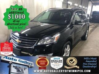 SAVE $1000 ******See how to qualify for an additional $1000 OFF our posted price with dealer arranged financing OAC.  * AWD, REVERSE CAMERA, BLUETOOTH, HEATED SEATS, SUNROOF, 7 SEATER, SXM  ** PLEASE NOTE - IF YOU ARE EMAILING FOR FURTHER INFORMATION, SUCH AS A CARFAX,  ADDITIONAL INFORMATION OR TO CONFIRM OPTIONS . WE ADVISE OUR CUSTOMERS TO PLEASE CHECK THEIR EMAIL SPAM/JUNK MAIL FOLDER  **  Come and see the VERSATILE & EFFICIENT 2017 Chevrolet Traverse LT. Equipped with features such as AWD, REVERSE CAMERA, 7 SEATER, BLUETOOTH, HEATED SEATS, SATELLITE RADIO, SUNROOF, automatic transmission, air conditioning, power windows, door locks & more! See us today!  Auto Gallery of Winnipeg deals with all major banks and credit institutions, to find our clients the best possible interest rate. Free CARFAX Vehicle History Report available on every vehicle! BUY WITH CONFIDENCE, Auto Gallery of Winnipeg is rated A+ by the Better Business Bureau. We are the 13 time winner of the Consumers Choice Award and 12 time winner of the Top Choice Award and DealerRaters Dealer of the year for pre-owned vehicle dealership! We have the largest selection of premium low kilometre vehicles in Manitoba! No payments for 6 months available, OAC. WE APPROVE ALL LEVELS OF CREDIT! Notes: PRE-OWNED VEHICLE. Plus GST & PST. Auto Gallery of Winnipeg. Dealer permit #9470