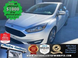 SAVE $1000 ******See how to qualify for an additional $1000 OFF our posted price with dealer arranged financing OAC.  * Only 46,880 km  * REVRSE CAMERA, BLUETOOTH, AIR CONDITIONING, AUTOMATIC, HATCHBACK  ** PLEASE NOTE - IF YOU ARE EMAILING FOR FURTHER INFORMATION, SUCH AS A CARFAX,  ADDITIONAL INFORMATION OR TO CONFIRM OPTIONS . WE ADVISE OUR CUSTOMERS TO PLEASE CHECK THEIR EMAIL SPAM/JUNK MAIL FOLDER  **  Economical & Efficient! Come and See the 2016 Ford Focus SE. Nicely equipped with REVERSE CAMERA, BLUETOOTH, power windows, locks, automatic transmission, air conditioning and more. See us today.  Auto Gallery of Winnipeg deals with all major banks and credit institutions, to find our clients the best possible interest rate. Free CARFAX Vehicle History Report available on every vehicle! BUY WITH CONFIDENCE, Auto Gallery of Winnipeg is rated A+ by the Better Business Bureau. We are the 13 time winner of the Consumers Choice Award and 12 time winner of the Top Choice Award and DealerRaters Dealer of the year for pre-owned vehicle dealership! We have the largest selection of premium low kilometre vehicles in Manitoba! No payments for 6 months available, OAC. WE APPROVE ALL LEVELS OF CREDIT! Notes: PRE-OWNED VEHICLE. Plus GST & PST. Auto Gallery of Winnipeg. Dealer permit #9470