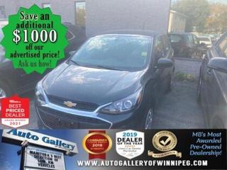 SAVE $1000 ******See how to qualify for an additional $1000 OFF our posted price with dealer arranged financing OAC.  * NO REPORTED ACCIDENTS  * HATCHBACK, REVERSE CAMERA, BLUETOOTH, AM-FM  ** PLEASE NOTE - IF YOU ARE EMAILING FOR FURTHER INFORMATION, SUCH AS A CARFAX,  ADDITIONAL INFORMATION OR TO CONFIRM OPTIONS . WE ADVISE OUR CUSTOMERS TO PLEASE CHECK THEIR EMAIL SPAM/JUNK MAIL FOLDER  **  Drive around in this UNDENIABLY CUTE COMPACT, ECONOMICAL and EFFICIENT- 2020 Chevrolet Spark LS. Nicely equipped with REVERSE CAMERA, BLUETOOTH, AM-FM, air conditioning, automatic transmission & more! See us today.  Auto Gallery of Winnipeg deals with all major banks and credit institutions, to find our clients the best possible interest rate. Free CARFAX Vehicle History Report available on every vehicle! BUY WITH CONFIDENCE, Auto Gallery of Winnipeg is rated A+ by the Better Business Bureau. We are the 13 time winner of the Consumers Choice Award and 12 time winner of the Top Choice Award and DealerRaters Dealer of the year for pre-owned vehicle dealership! We have the largest selection of premium low kilometre vehicles in Manitoba! No payments for 6 months available, OAC. WE APPROVE ALL LEVELS OF CREDIT! Notes: PRE-OWNED VEHICLE. Plus GST & PST. Auto Gallery of Winnipeg. Dealer permit #9470