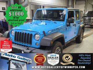 SAVE $1000 ******See how to qualify for an additional $1000 OFF our posted price with dealer arranged financing OAC.  * CLEAN CARFAX  * 4x4, 5 SPEED A/T, BLUETOOTH, SXM, NAVIGATION, HEATED SEATS  ** PLEASE NOTE - IF YOU ARE EMAILING FOR FURTHER INFORMATION, SUCH AS A CARFAX,  ADDITIONAL INFORMATION OR TO CONFIRM OPTIONS . WE ADVISE OUR CUSTOMERS TO PLEASE CHECK THEIR EMAIL SPAM/JUNK MAIL FOLDER  **  Come RAIN, SHINE or SNOW - Enjoy driving the VERSATILE 2017 Jeep Wrangler Unlimited Rubicon! Well equipped with 4x4, 5 SPEED A/T, BLUETOOTH, SXM, NAVIGATION, HEATED SEATS, air conditioning, power windows, power locks and more! Call us today!  Auto Gallery of Winnipeg deals with all major banks and credit institutions, to find our clients the best possible interest rate. Free CARFAX Vehicle History Report available on every vehicle! BUY WITH CONFIDENCE, Auto Gallery of Winnipeg is rated A+ by the Better Business Bureau. We are the 13 time winner of the Consumers Choice Award and 12 time winner of the Top Choice Award and DealerRaters Dealer of the year for pre-owned vehicle dealership! We have the largest selection of premium low kilometre vehicles in Manitoba! No payments for 6 months available, OAC. WE APPROVE ALL LEVELS OF CREDIT! Notes: PRE-OWNED VEHICLE. Plus GST & PST. Auto Gallery of Winnipeg. Dealer permit #9470