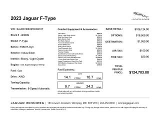 New 2023 Jaguar F-Type P450 R-Dynamic SPECIAL OFFER for sale in Winnipeg, MB
