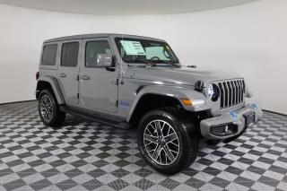 Tuned for the trail, our electrified 2023 Jeep Wrangler 4xe Sahara 4X4 looks terrific in Sting-Gray! Motivated by a TurboCharged 2.0 Litre 4 Cylinder and 2 Electric Motors providing a combined 375hp to an 8 Speed Automatic transmission. This incredibly capable Four Wheel Drive SUV just about does it all with Dana axles, an EV range of approximately 22 miles, and a gas-hybrid mode that sees approximately 11.8L/100km combined. Iconic Jeep styling gives our Wrangler 4Xe a bold presence backed by exclusive Sahara graphics, LED lighting, fog lamps, blue tow hooks, alloy wheels, full-body fender flares, side steps, rugged skid plates, and a removable top and doors.

Our Sahara cabin encourages inspiring adventures with comfortable McKinley cloth seats, a premium wrapped steering wheel, automatic climate control, cruise control, and keyless access/ignition. First-class technologies include a Uconnect infotainment system with a 7-inch driver display, a 7-inch touchscreen, voice command, Apple CarPlay/Android Auto, Bluetooth, Off-Road Info Pages, and a premium sound system.

Jeeps dedication to safer driving shines through with a rearview camera, ABS, traction/stability control, hill-start assist, tire-pressure monitoring, advanced airbags, trailer sway damping, and more. Our Wrangler 4xe Sahara is the plug-in hybrid thats pure Jeep! Save this Page and Call for Availability. We Know You Will Enjoy Your Test Drive Towards Ownership!